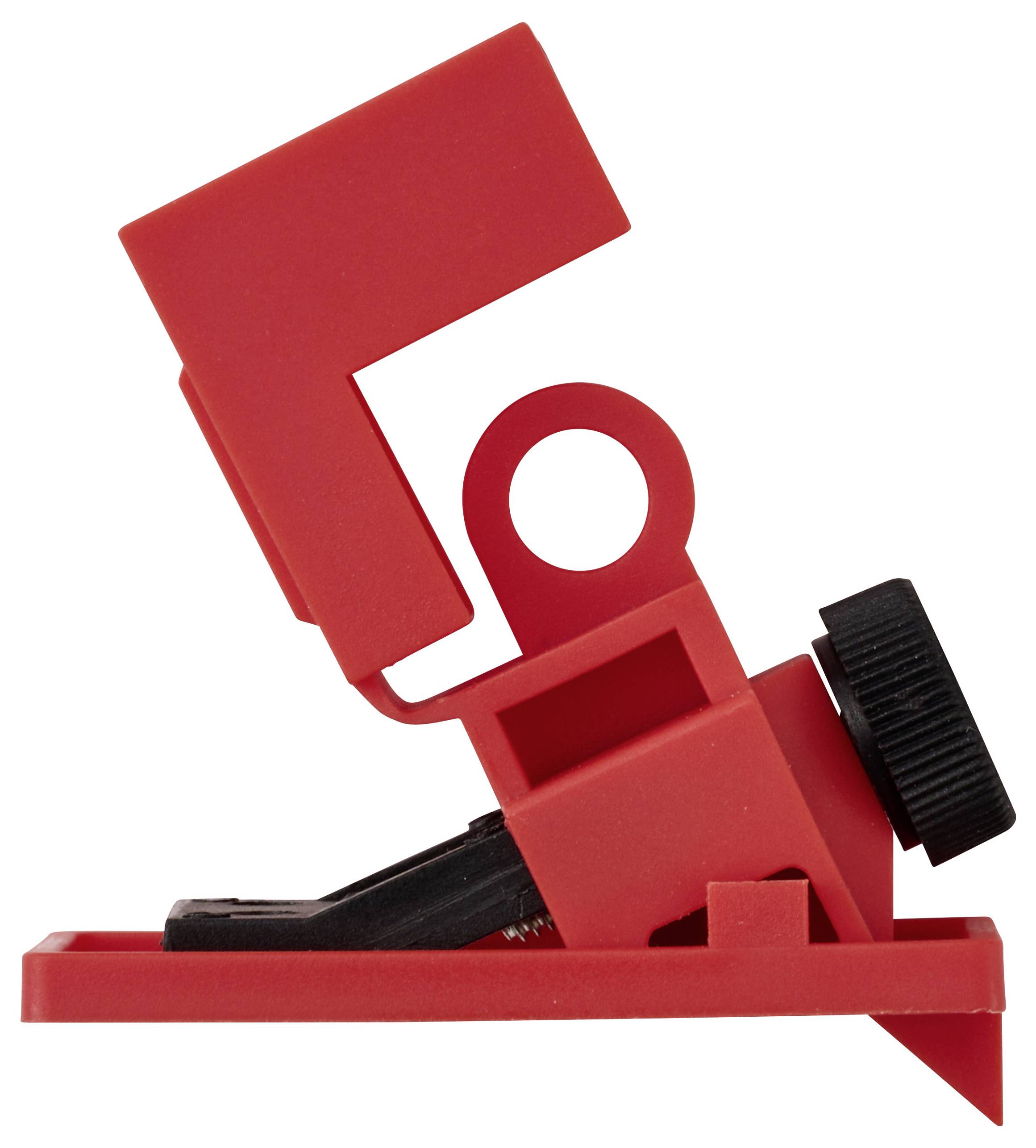 Ein rot-schwarzes Sicherheits-Verriegelungsgerät für Leitungsschutzschalter mit einer Klemmvorrichtung und einem kreisrunden Loch zur Sicherung mit einem Vorhängeschloss.