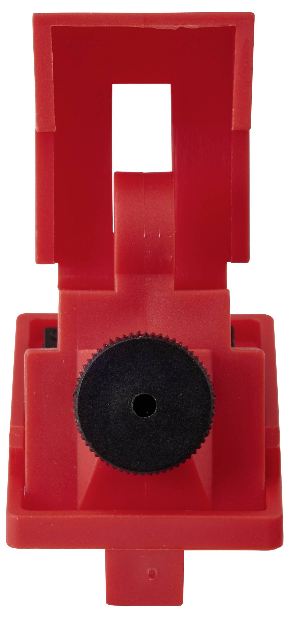 Rotes Plastikwerkzeug mit einem rotierenden schwarzen Rad und einem rechteckigen Rahmen oben, möglicherweise zum Justieren oder Befestigen von Komponenten verwendet.