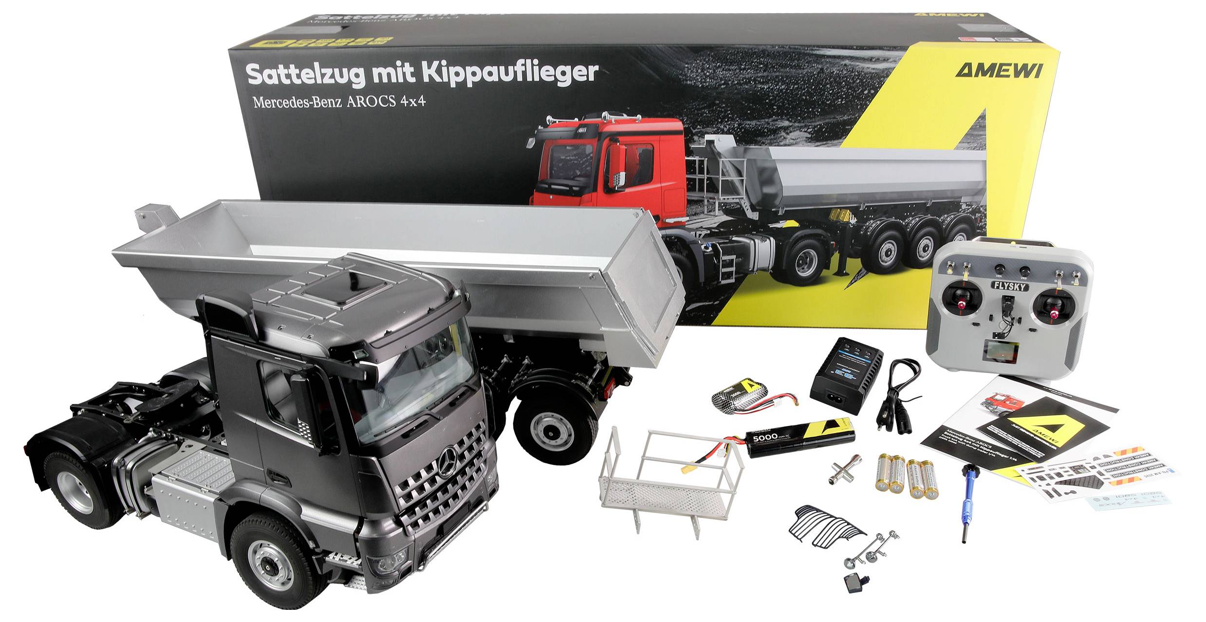 Amewi 22696 Mercedes-Benz Arocs Sattelzug mit Kippauflieger 4x4 1:14 RTR anthrazit 1:14 Elektro RC Einsteiger Modellauto RtR mit