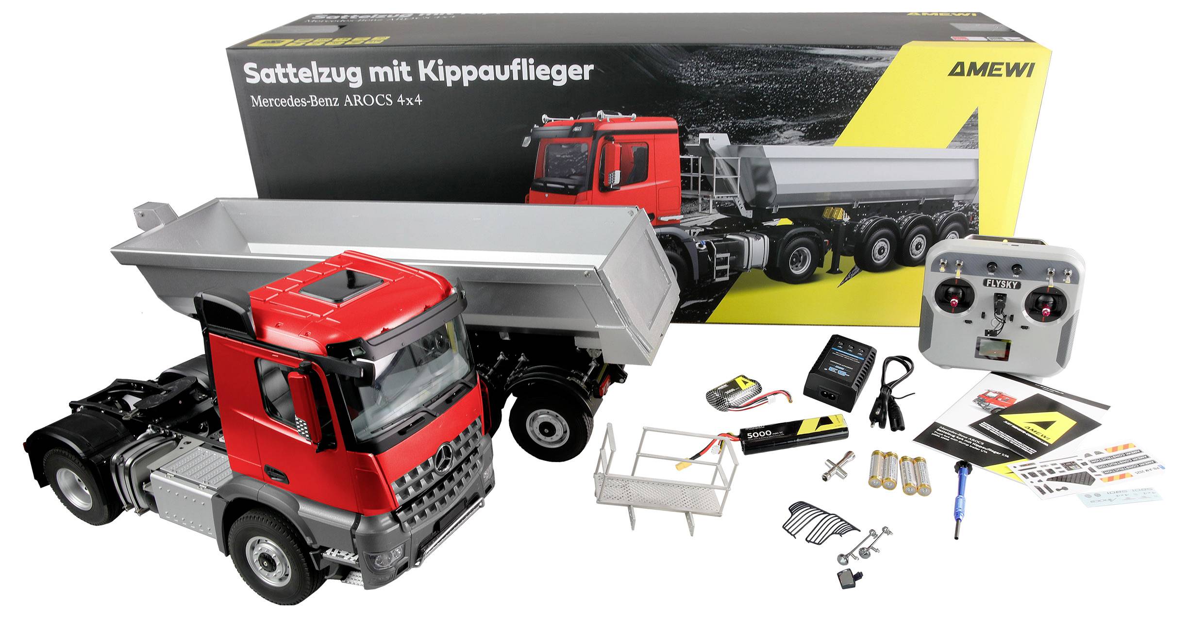 Amewi 22695 Mercedes-Benz Arocs Sattelzug mit Kippauflieger 1:14 Elektro RC Einsteiger Funktionsmodell RtR mit Lichteffekt, mit