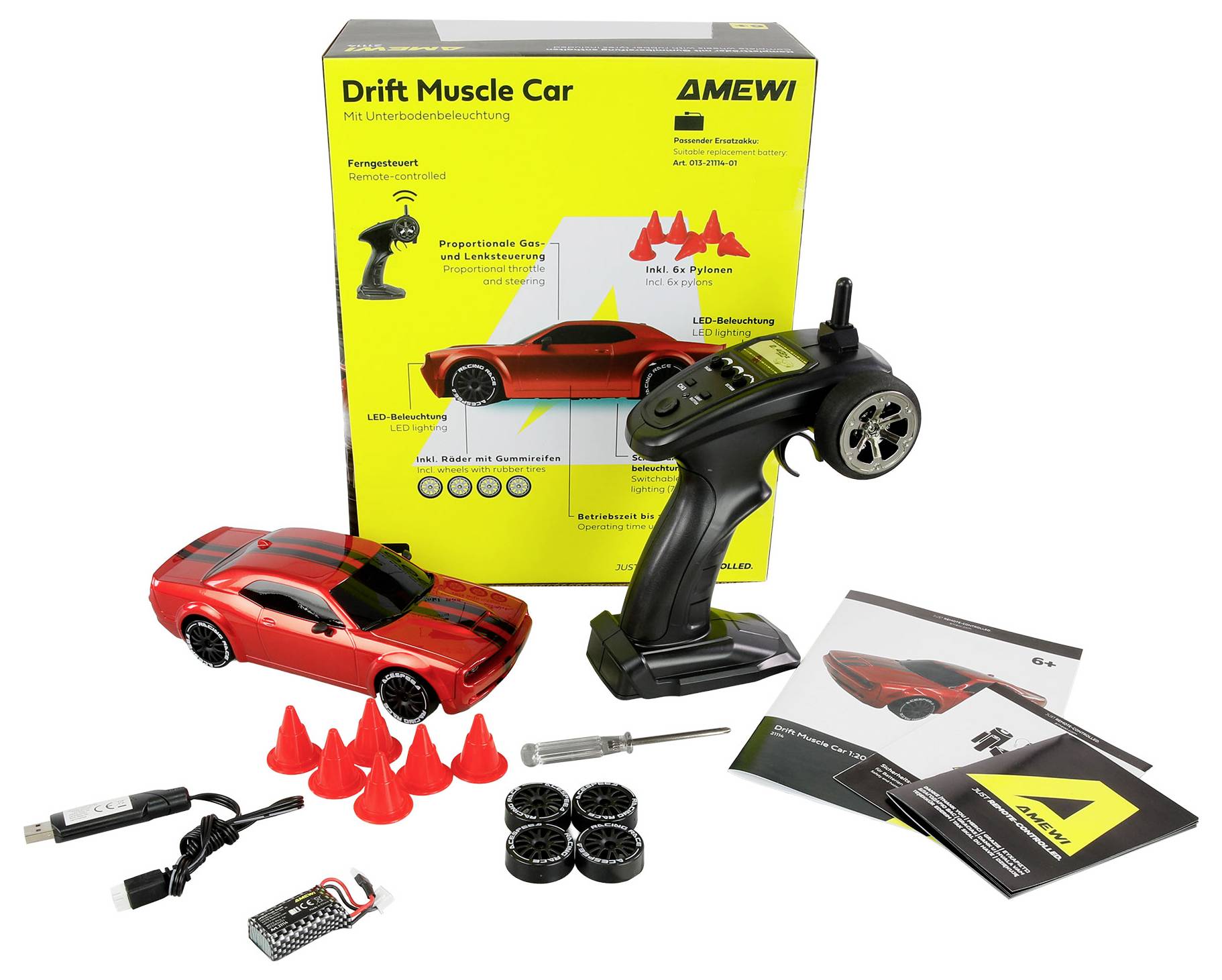 Amewi Muscle Car Onroad/Drift Rot 1:20 RC Einsteiger Modellauto Elektro Straßenmodell Allradantrieb (4WD) RtR 2,4GHz mit