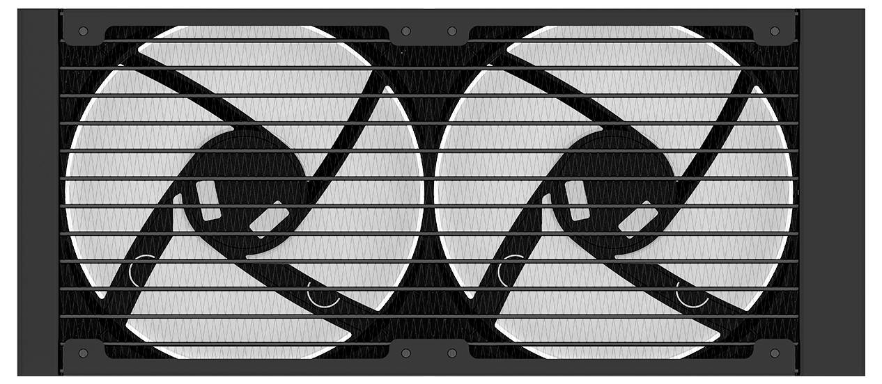 „Abbildung eines Kühlsystems mit zwei Lüftern und horizontalem schwarzem Gitter. Die Lüfter sind groß, weiß und nebeneinander positioniert.