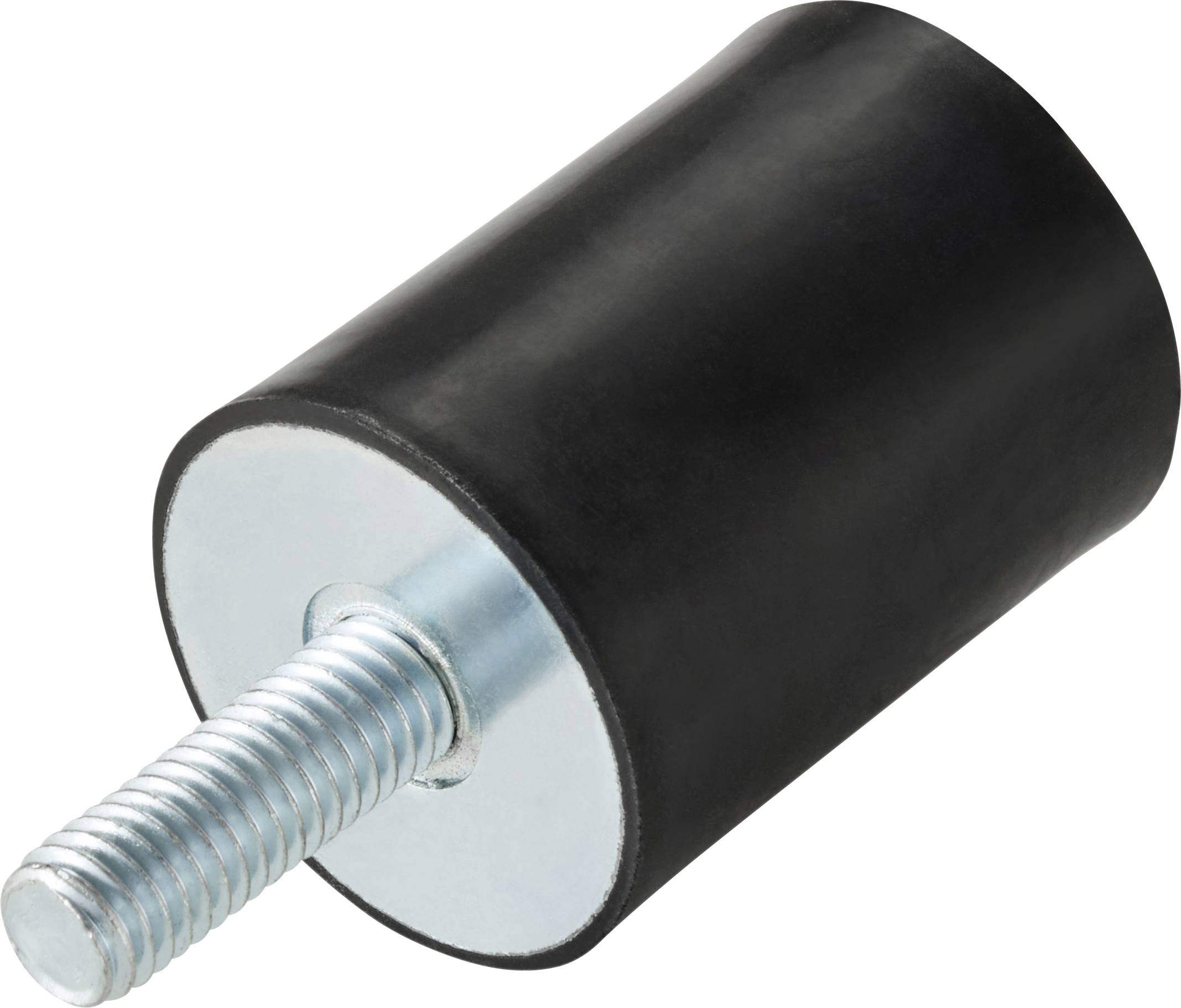 Ein schwarzer zylindrischer Gummistopfen mit einer gewindeten Metallstange, die an einem Ende herausragt, verwendet zur Vibrationsisolierung oder Dämpfung.