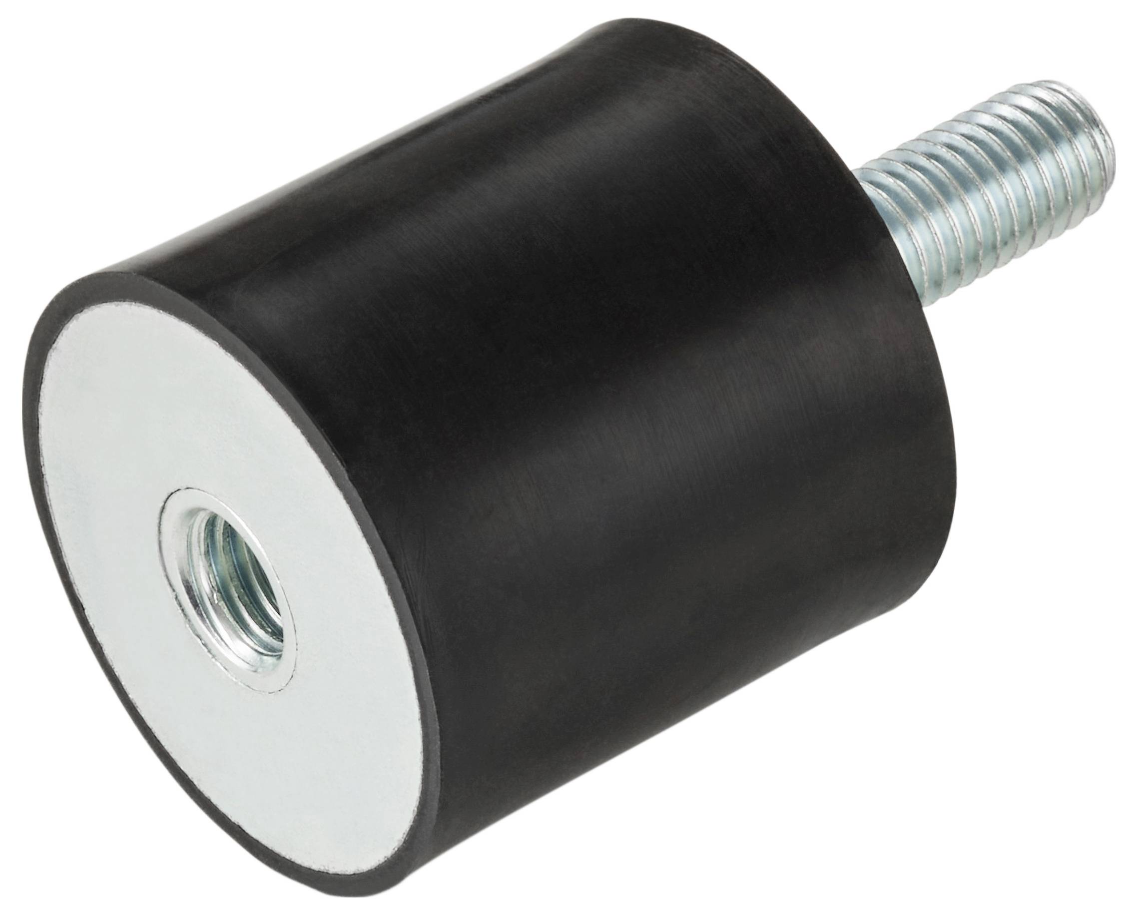 Ein schwarzer Gummivibrationsdämpfer mit Metalleinsatz und Gewindestift, der zur Reduzierung von Vibrationen in Maschinen verwendet wird.
