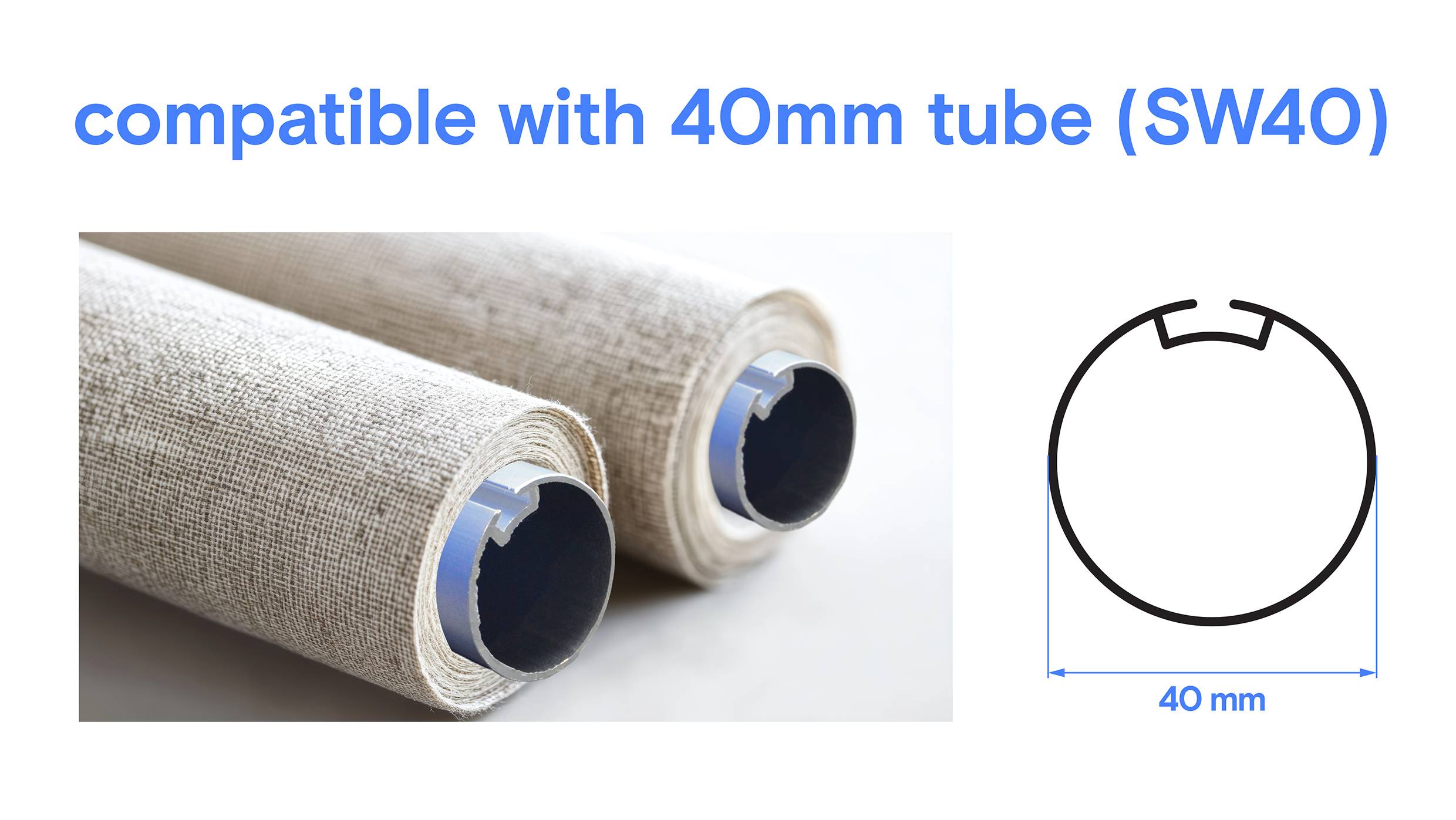 Zwei Stoffrollen neben einem Diagramm, das einen Kreis mit der Bezeichnung '40 mm' zeigt, was die Kompatibilität mit einem 40 mm Rohr (SW40) verdeutlicht.