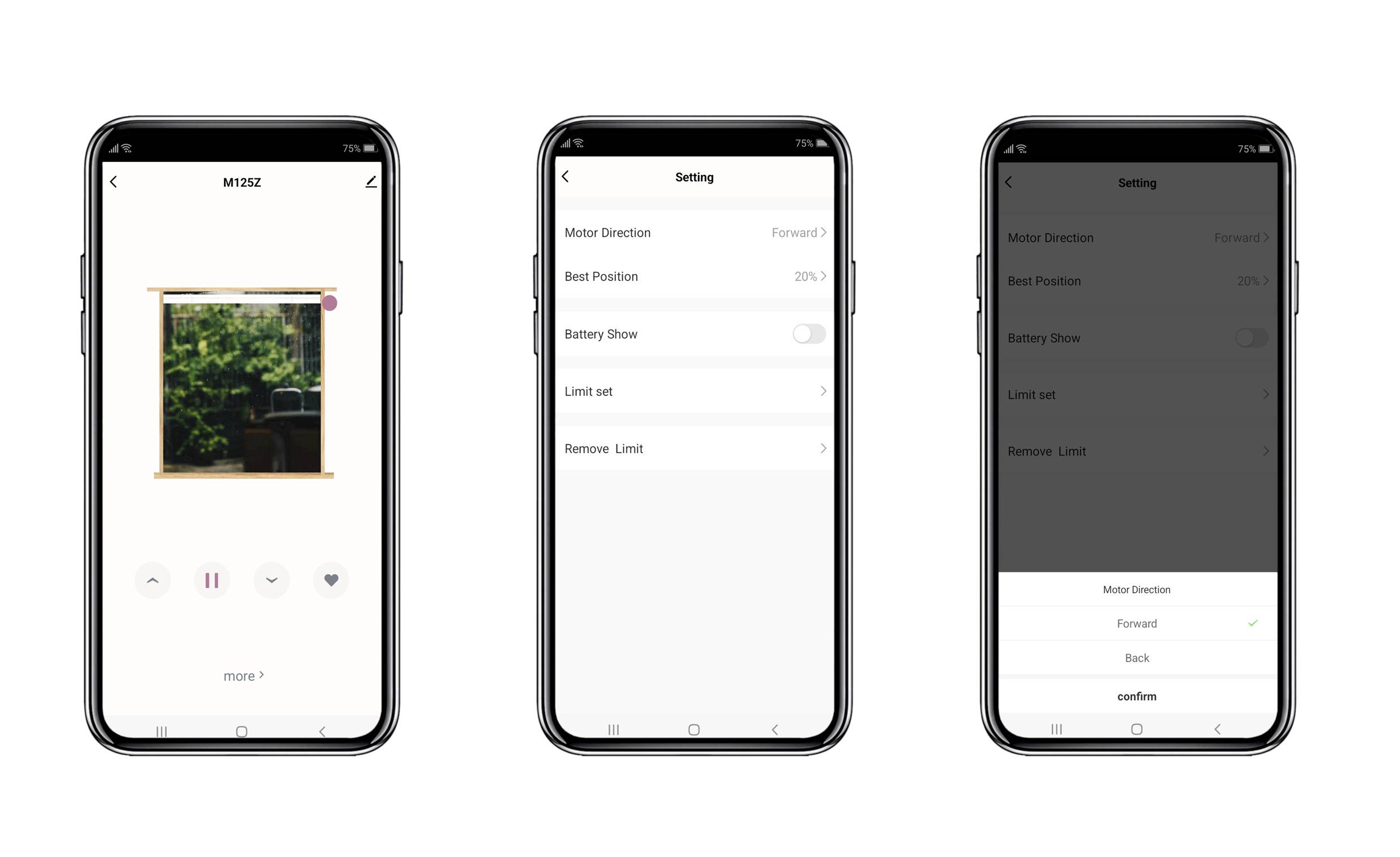 Drei Smartphone-Bildschirme, die App-Oberflächen zeigen: einer mit Musiksteuerungen, ein anderer mit Motoreinstellungen und der dritte mit einem abgedunkelten Einstellungsmenü.