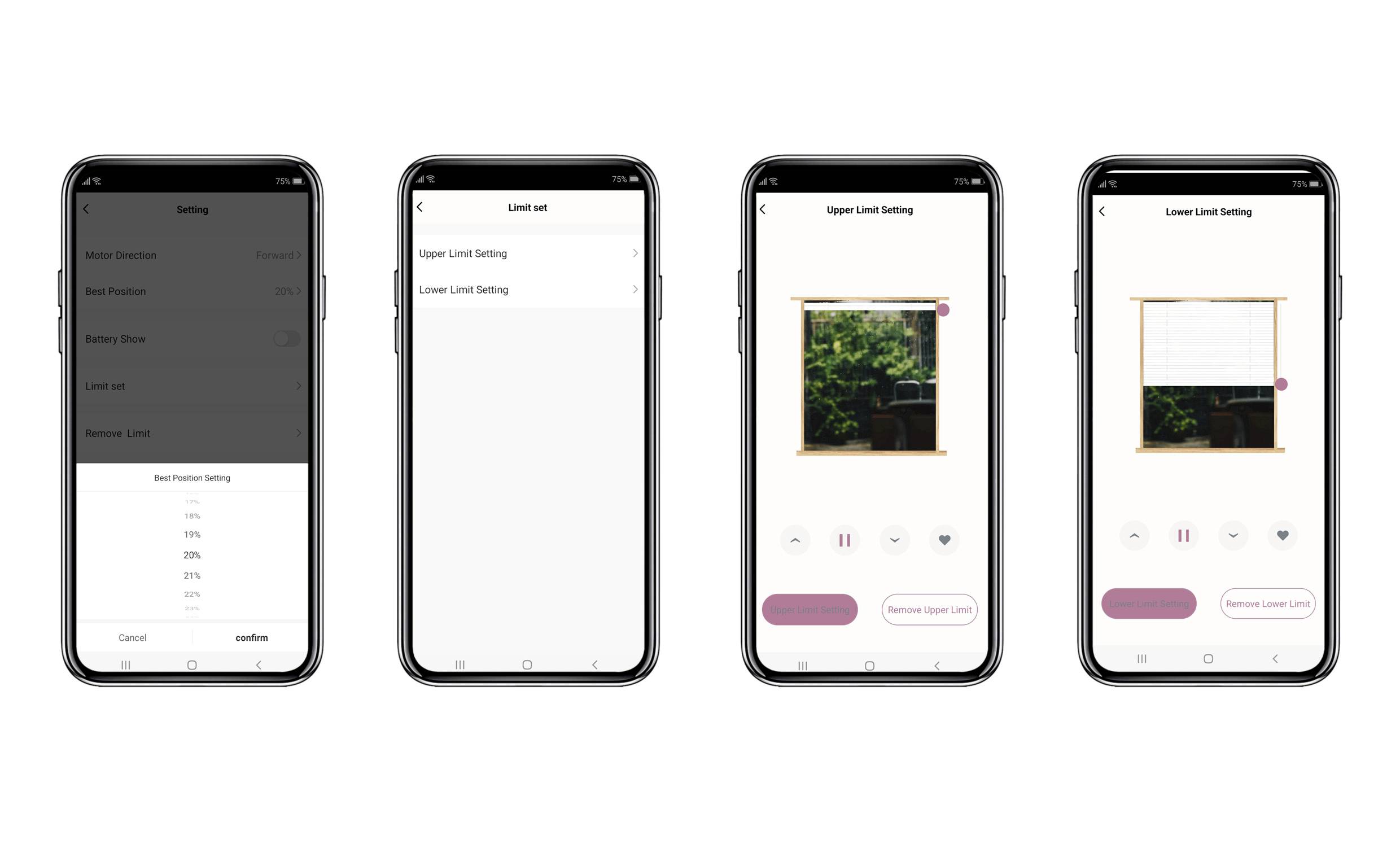 Vier Smartphone-Bildschirme zeigen eine App zur Einstellung von Jalousie-Positionen. Bildschirme zeigen 'Intelligente Positionseinstellung', 'Grenzwerteinstellung', 'Obere Grenzwerteinstellung' und 'Untere Grenzwerteinstellung'.