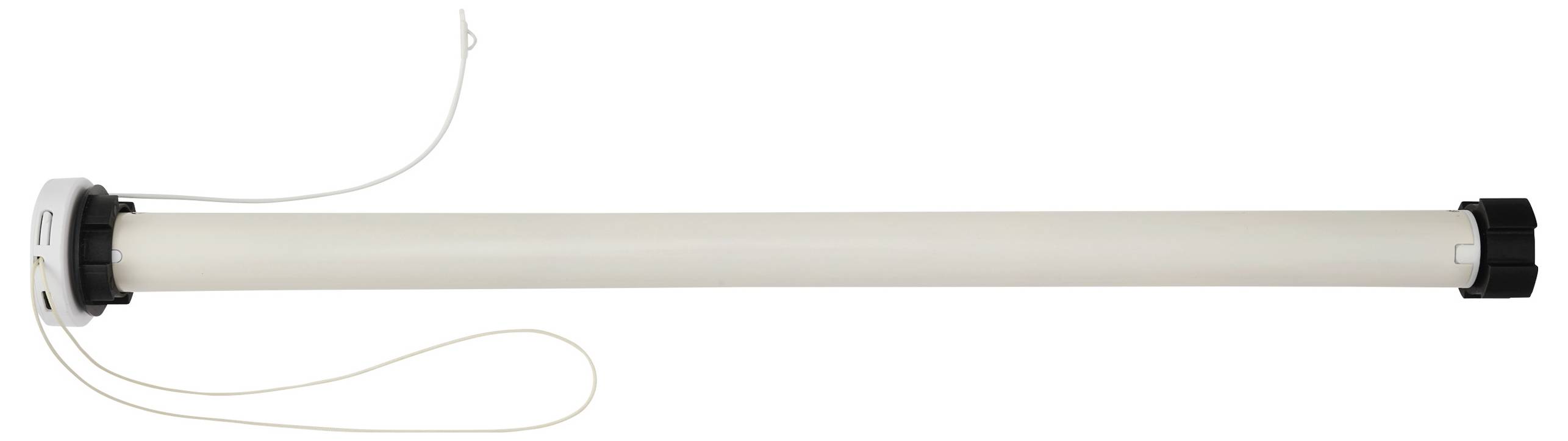 Ein zylindrischer Motor für Jalousien mit einem cremefarbenen Gehäuse, schwarzen Endkappen und einer Zugschnur an einer Seite.