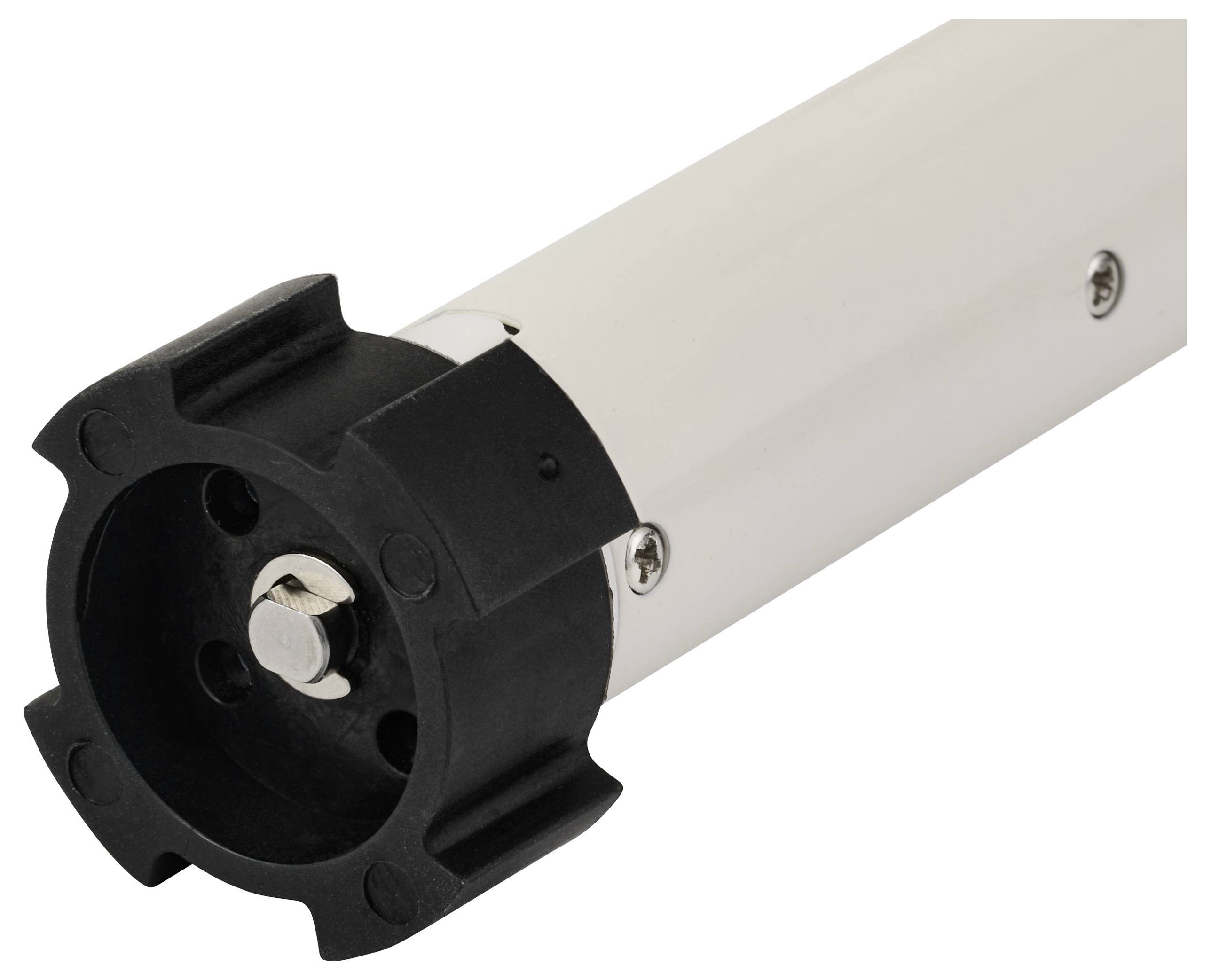 Eine Zylinderstange aus Metall mit einer schwarzen Plastikkappe, die eine zentral hervorstehende Schraube aufweist, wahrscheinlich Teil einer mechanischen oder elektronischen Komponente.