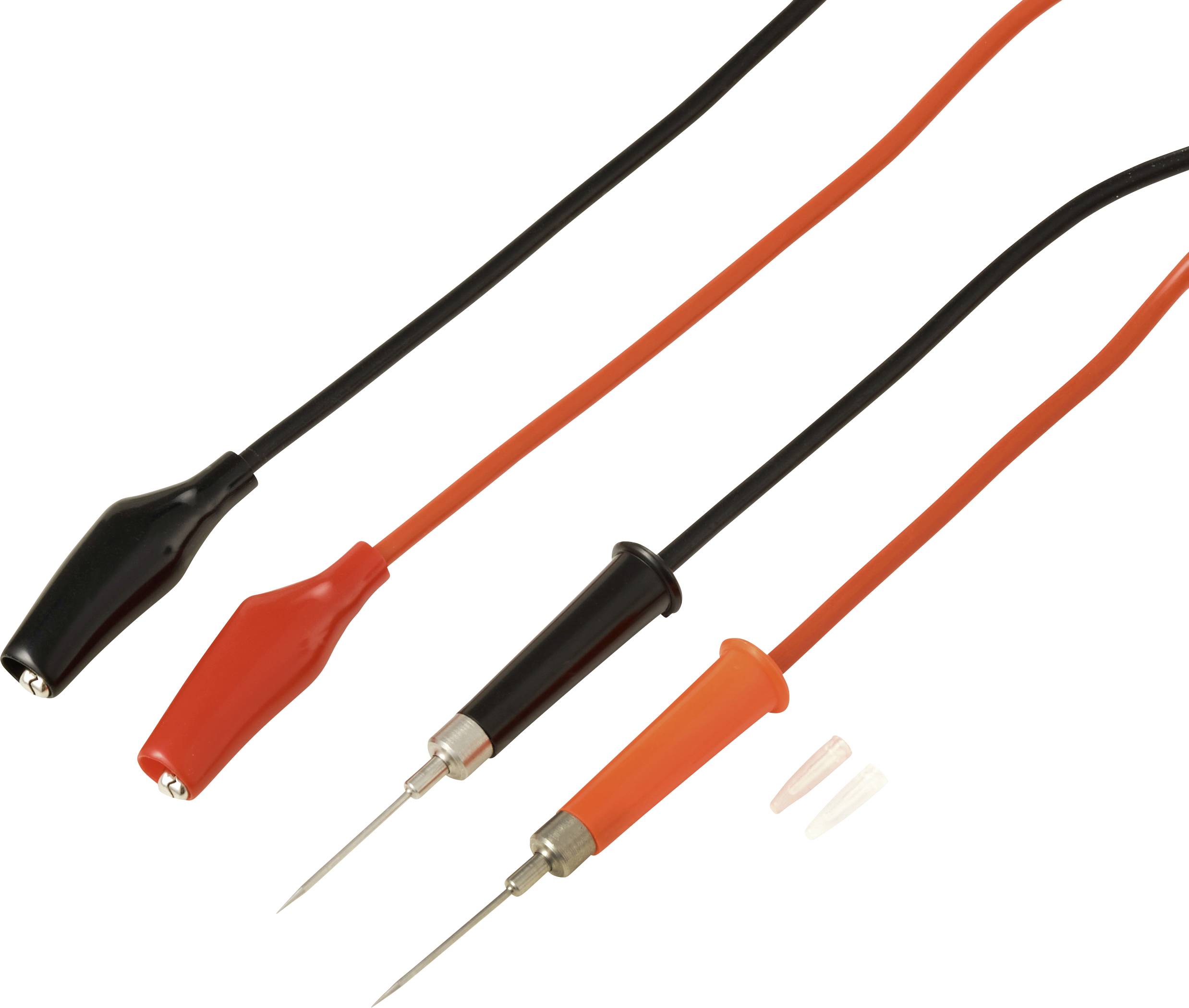 Zwei Multimeter-Messleitungen, eine rot und eine schwarz, mit spitzen Metallspitzen. Inklusive Schutzabdeckungen für die Sicherheit der Spitzen.