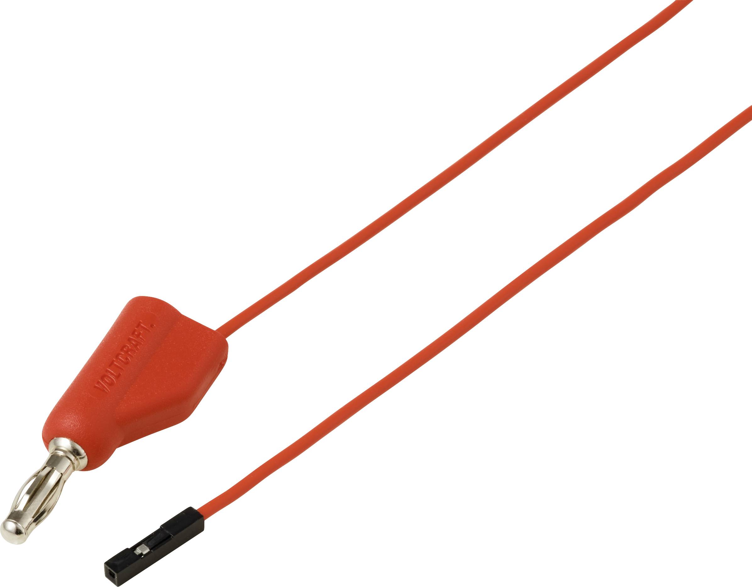 Ein roter Bananenstecker, der mit einem roten Kabel mit einem schwarzen Anschluss am Ende verbunden ist, wird für elektrische Verbindungen oder Tests verwendet.