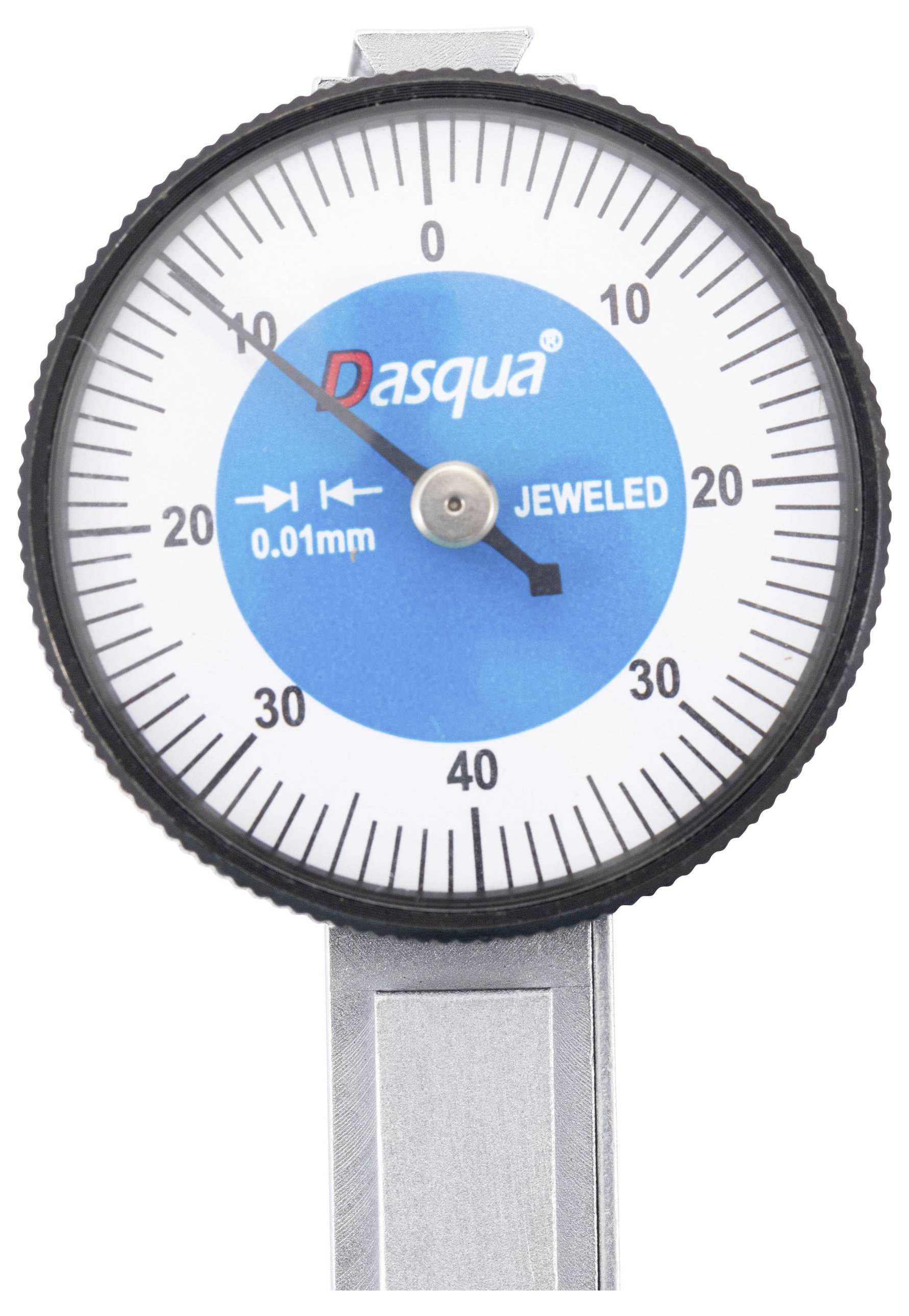 Eine Nahaufnahme eines Messuhrenzeigers, der auf einem blau-weißen Messgerät mit der Aufschrift ‚Dasqua' einen Wert von ungefähr 35 auf 0,01 mm anzeigt.