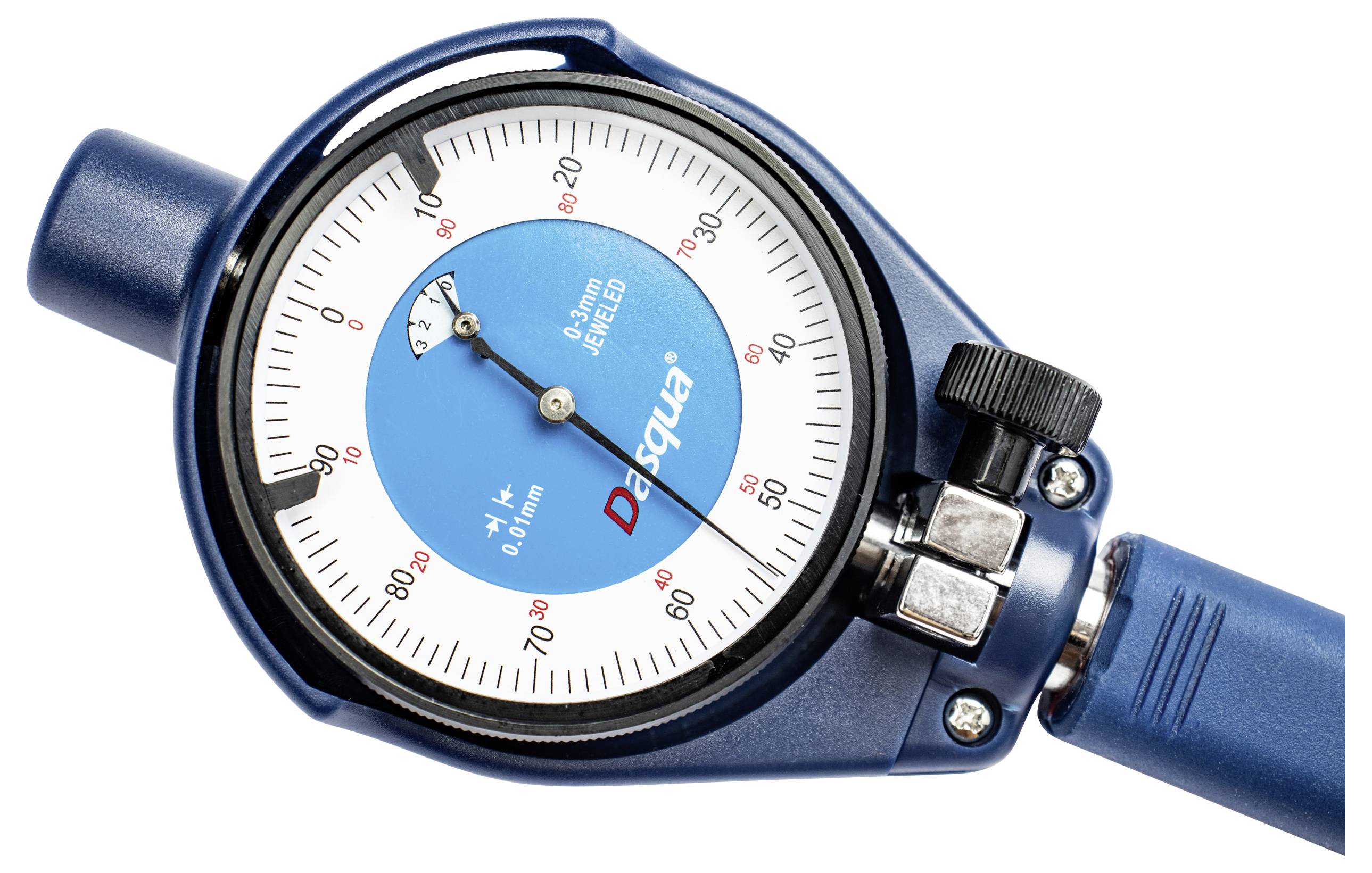 Eine Nahaufnahme eines Messgerätemessers mit blau-weißem Zifferblatt und der Markenbezeichnung 'D-ague'. Die Nadel zeigt eine Messung von 32 an.