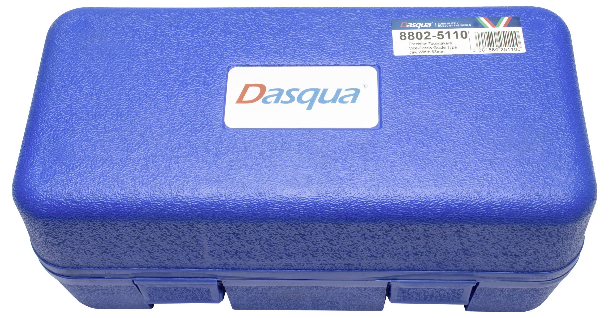 Blauer Werkzeugkoffer der Marke 'Dasqua' mit Etikett und Produktcode '8802-5110' auf der Oberseite.