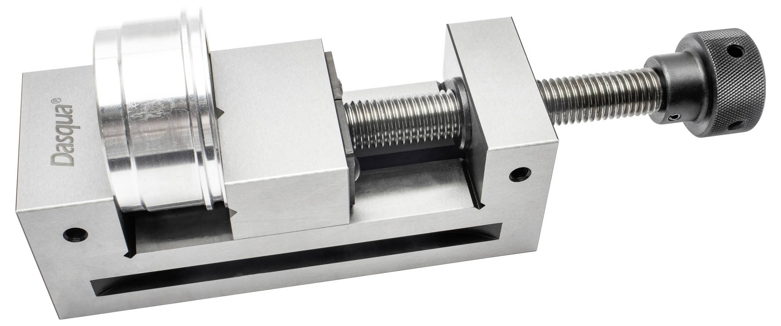 Eine Metallschraubzwinge mit Schraubenmechanismus zum Befestigen von Objekten, versehen mit dem Markennamen 'Dasqua' an der Seite.