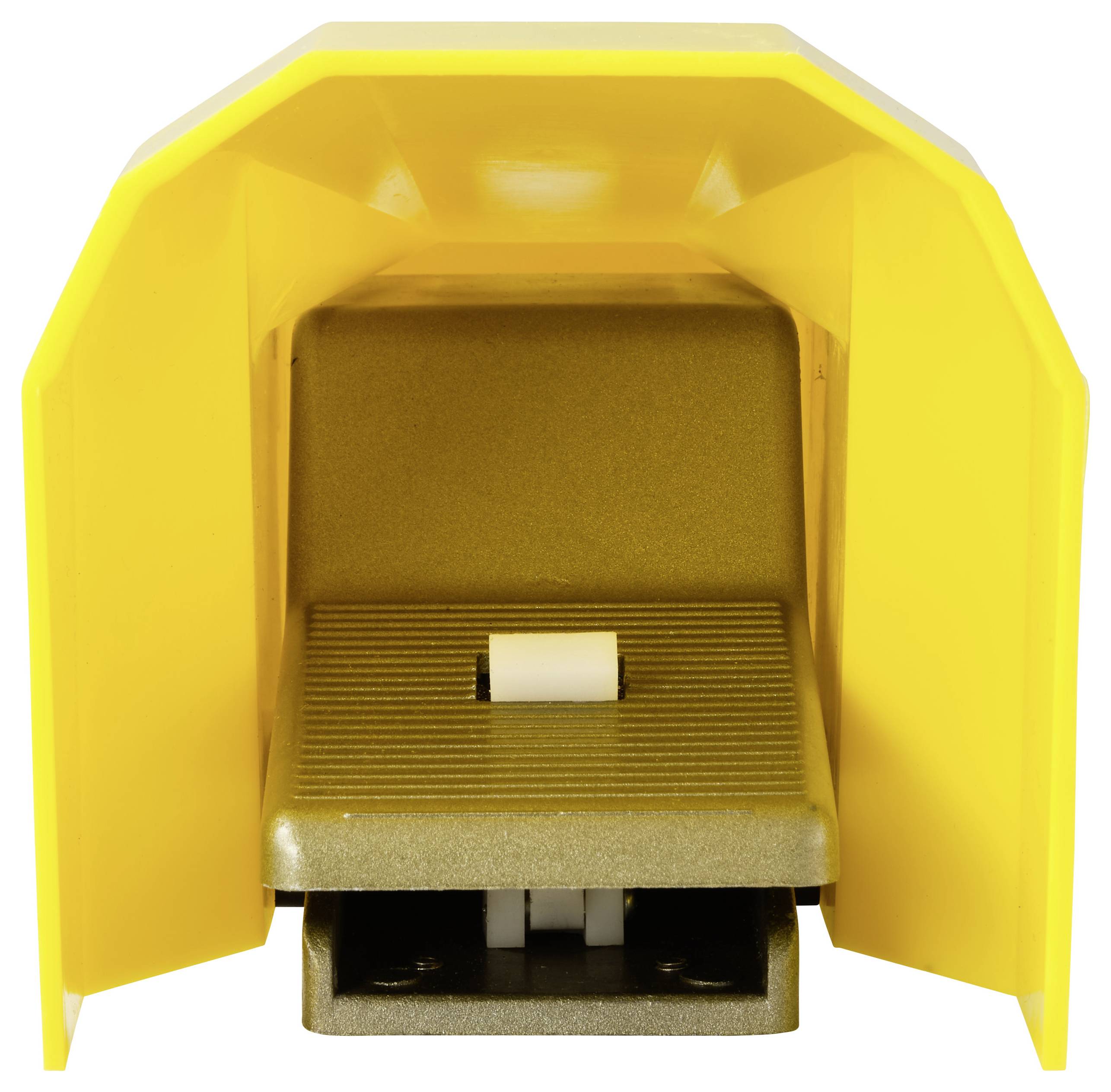 Ein gelber, fußbetätigter Sicherheitsschalter mit Schutzabdeckung, der in industriellen Umgebungen zur sicheren Steuerung von Maschinenabläufen verwendet wird.