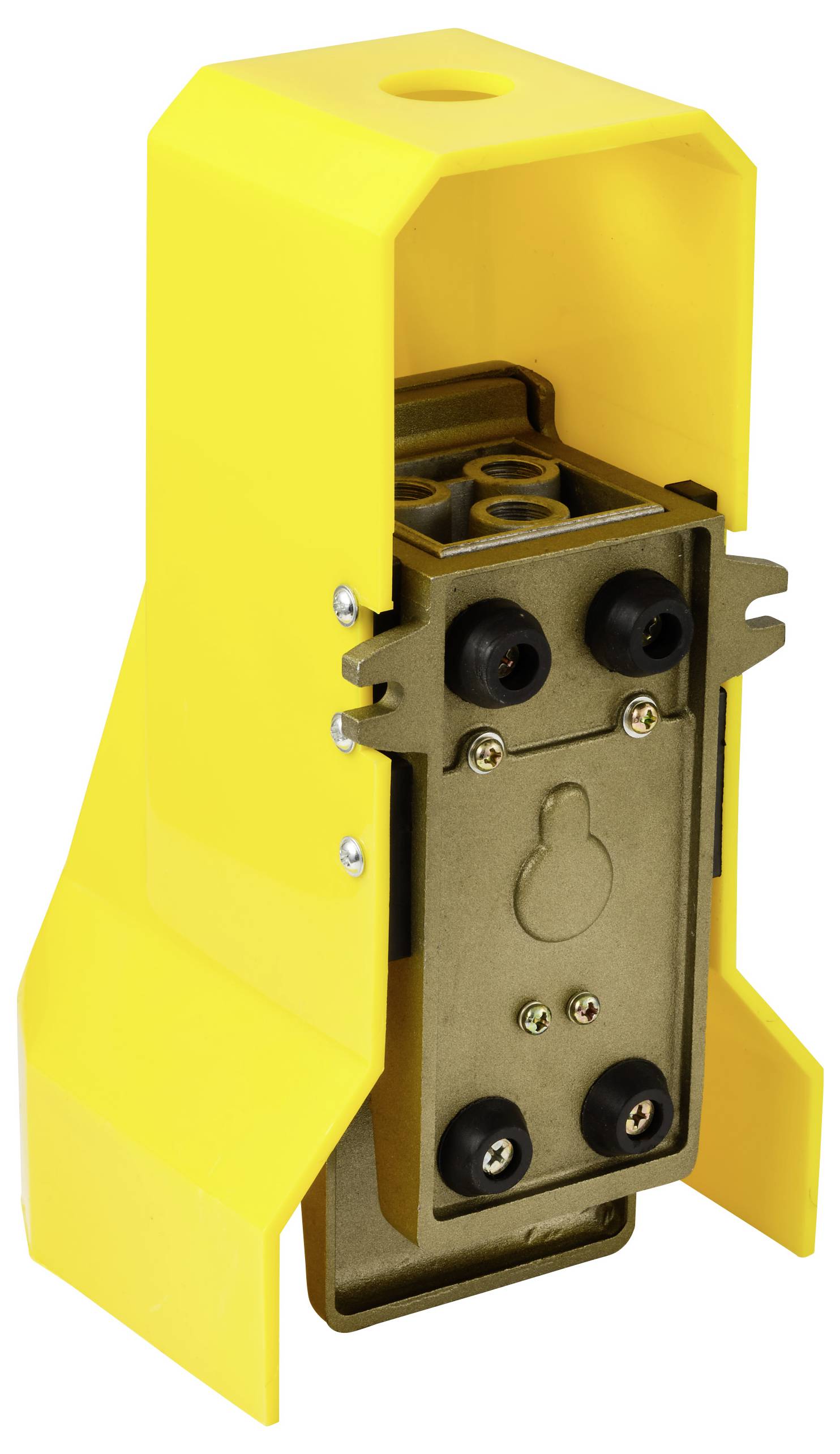 Eine gelbe Verkleidung mit Schrauben und einem Metallinneren, höchstwahrscheinlich eine Schutzabdeckung für elektronische oder mechanische Komponenten, aus Seitenansicht betrachtet.