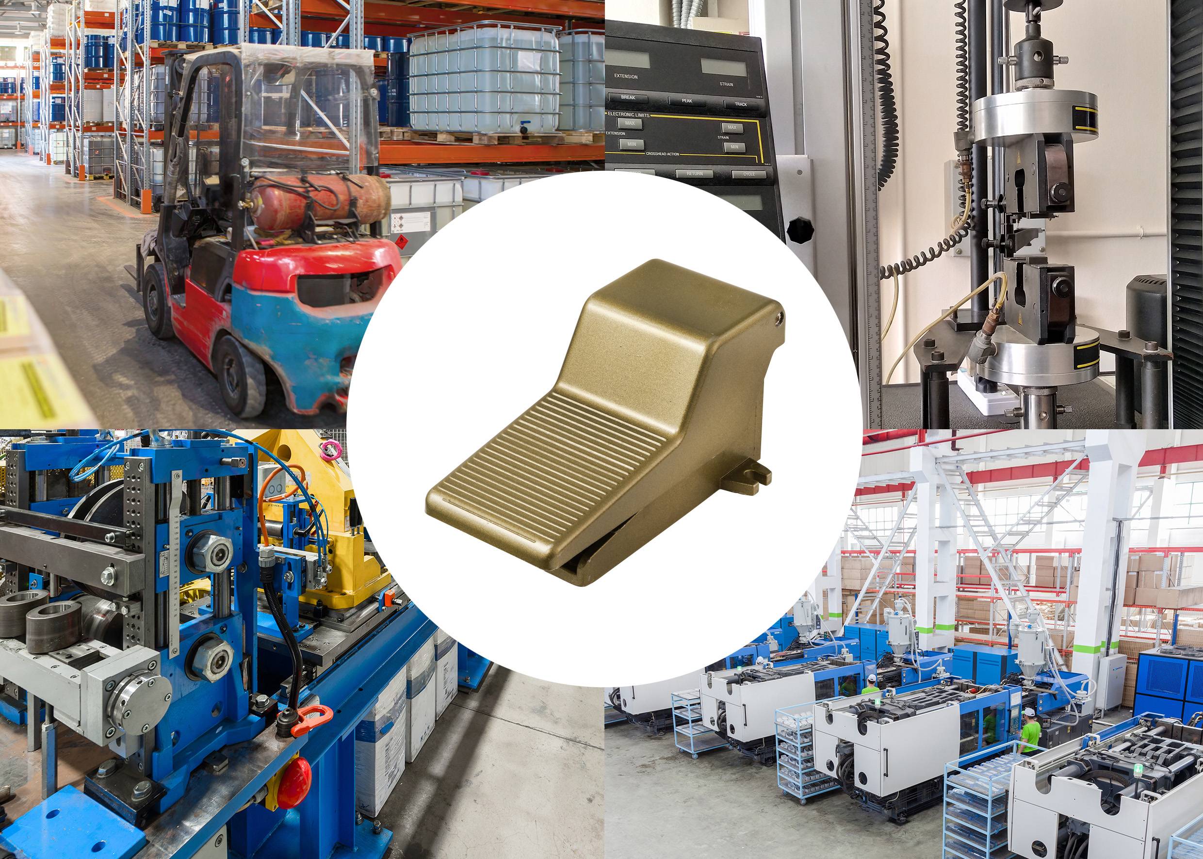 Eine Collage, die ein metallisches Fußpedal in der Mitte zeigt, umgeben von Bildern von industrieller Maschinerie und einer Fabrikatmosphäre.