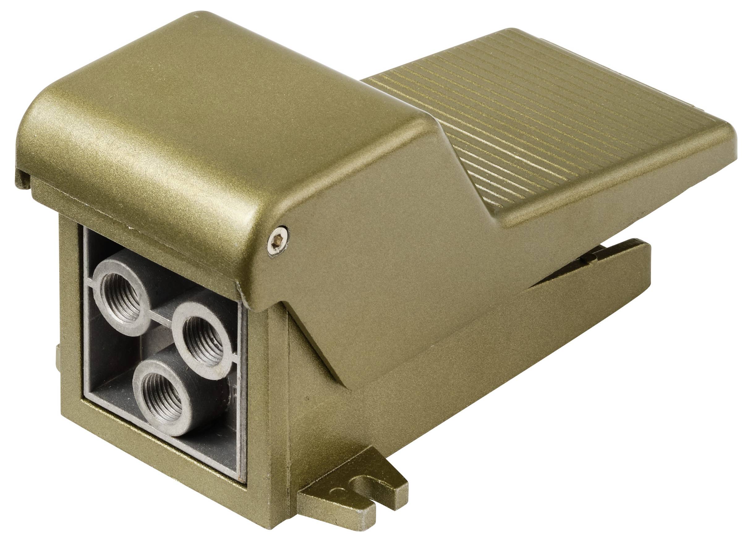 Ein goldfarbener industrieller Fußschalter mit drei kreisförmigen Anschlüssen, der zur Steuerung von Maschinen oder Geräten verwendet wird, vor einem weißen Hintergrund.