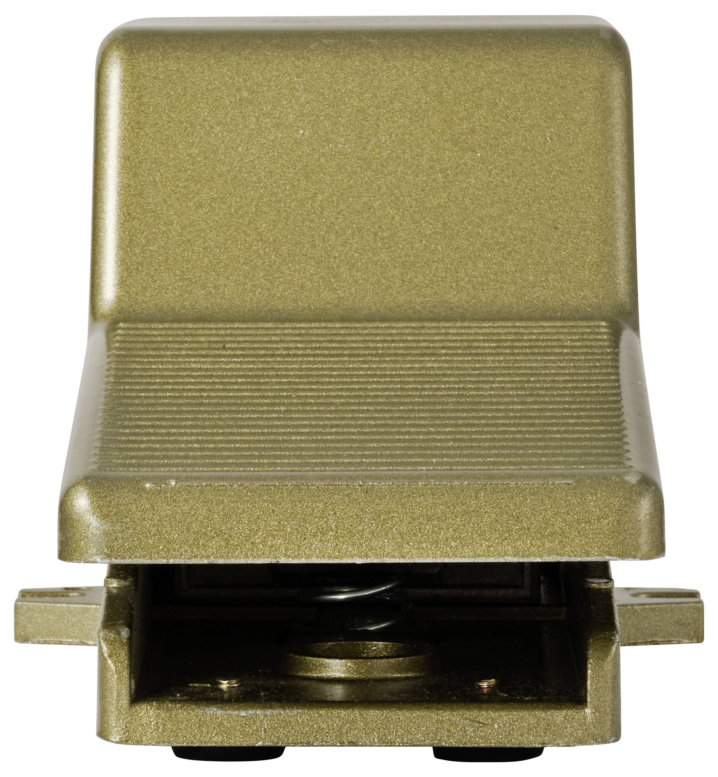 Ein goldfarben Fußpedal mit strukturierter Oberfläche, das zur Steuerung von Maschinen verwendet wird. Es befindet sich in Ruhestellung und wird von vorne betrachtet.