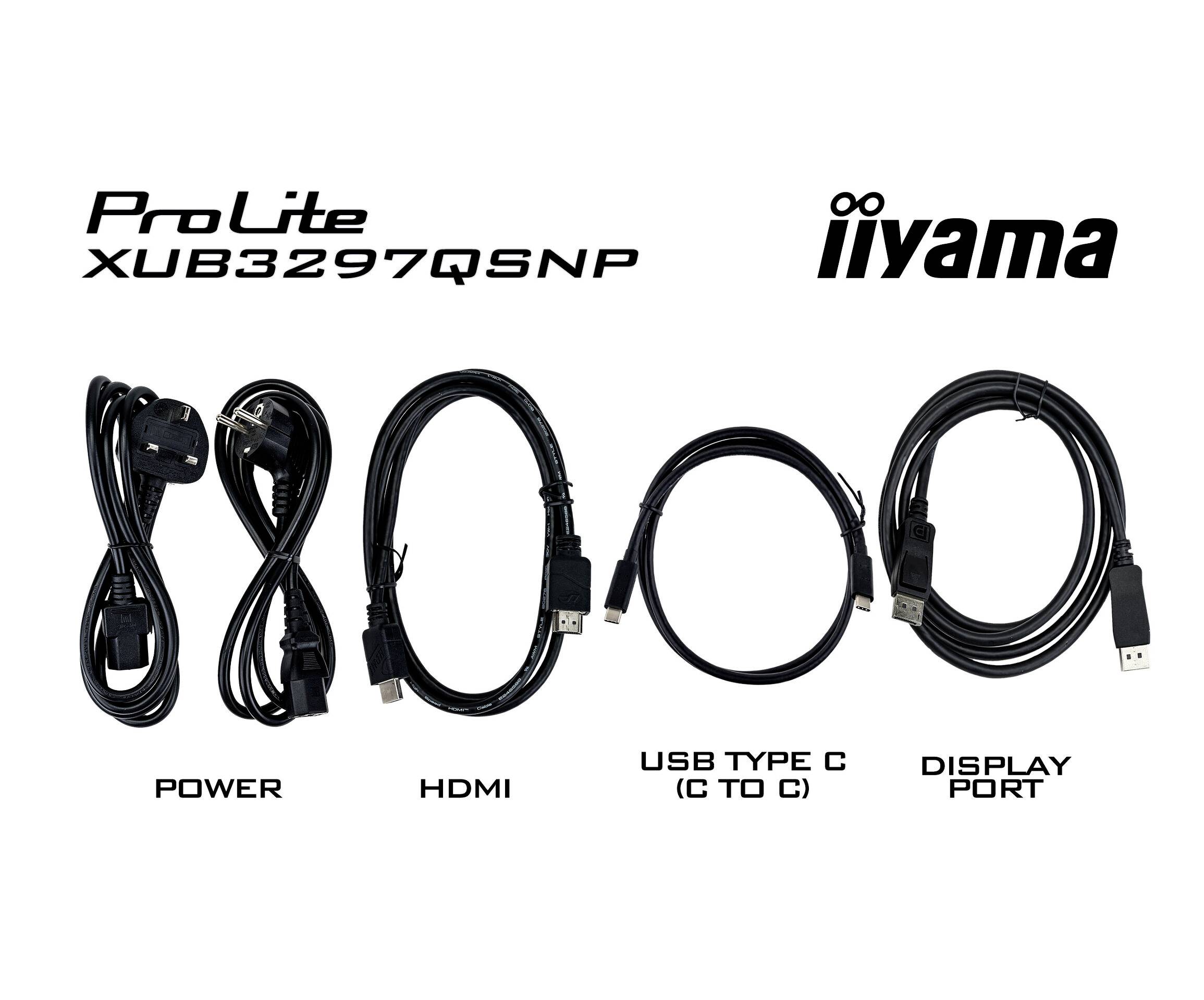 'ProLite XUB3297QSN-P' Kabel-Display: Strom-, HDMI-, USB Typ-C (C zu C) und DisplayPort-Kabel sind von links nach rechts aufgereiht.