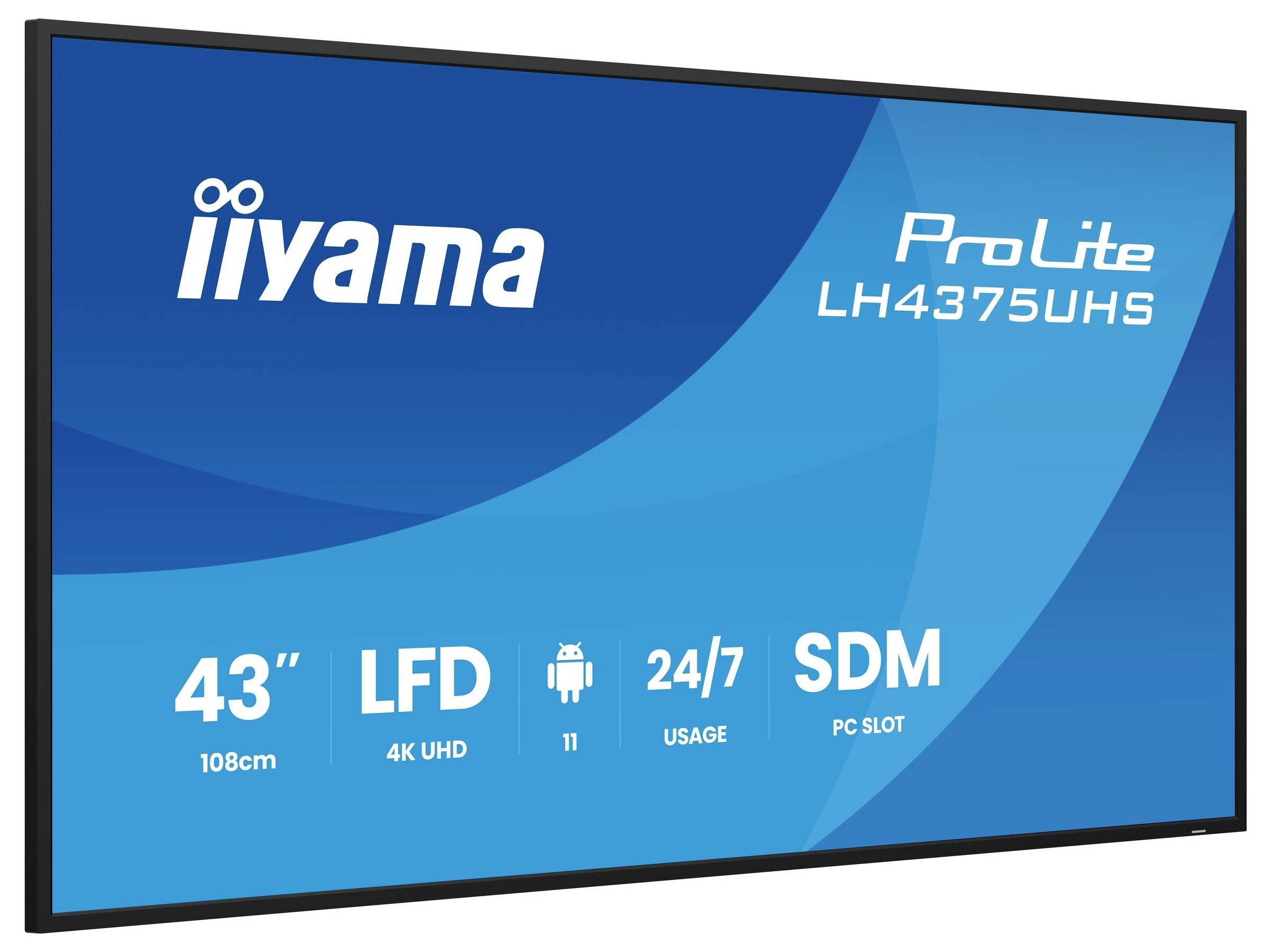 ProLite LH4375UHS. Ein 43-Zoll-4K-UHD-Display für 24/7-Betrieb mit LFD, Android 11 und SDM-PC-Steckplatz.