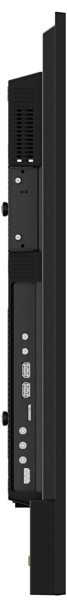 Seitenansicht eines schlanken, schwarzen elektronischen Geräts mit sichtbaren Anschlüssen und Lüftungsschlitzen, das ein minimalistisches Design und eine schmale Silhouette zeigt.