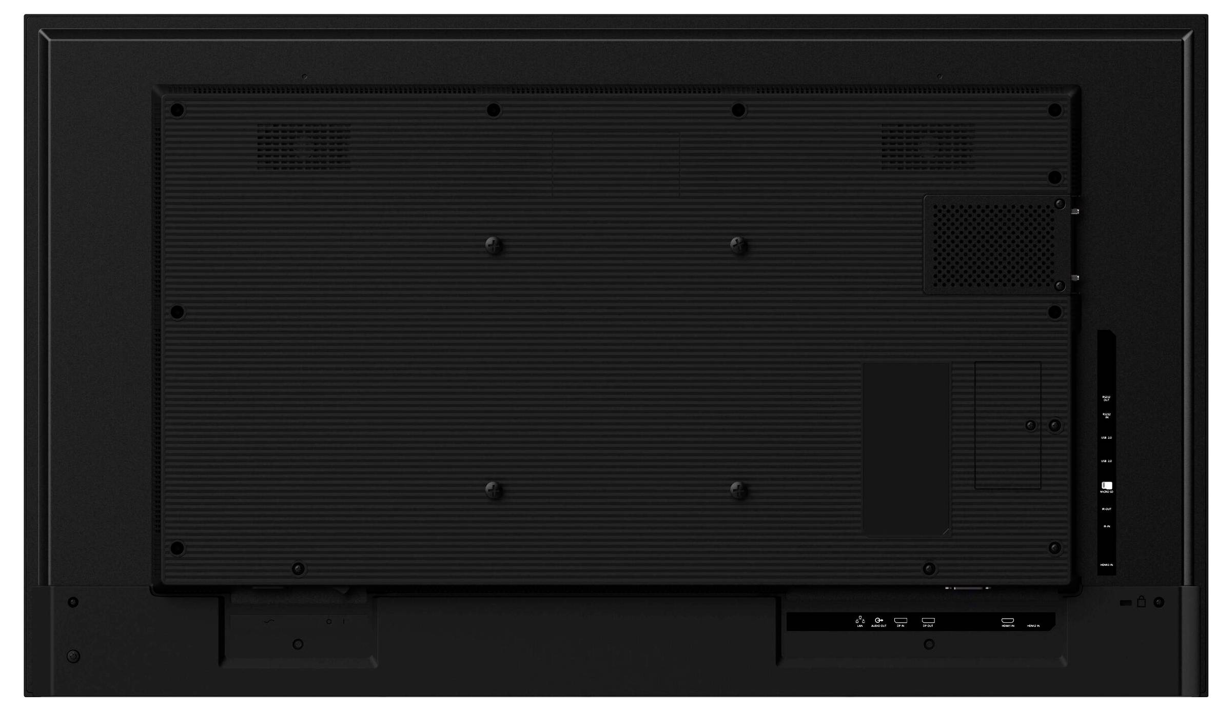Die Rückansicht eines Flachbildschirm-Monitors, die verschiedene Anschlüsse und Verbindungen zeigt, einschließlich HDMI- und USB-Eingängen, für Konnektivitätsoptionen.