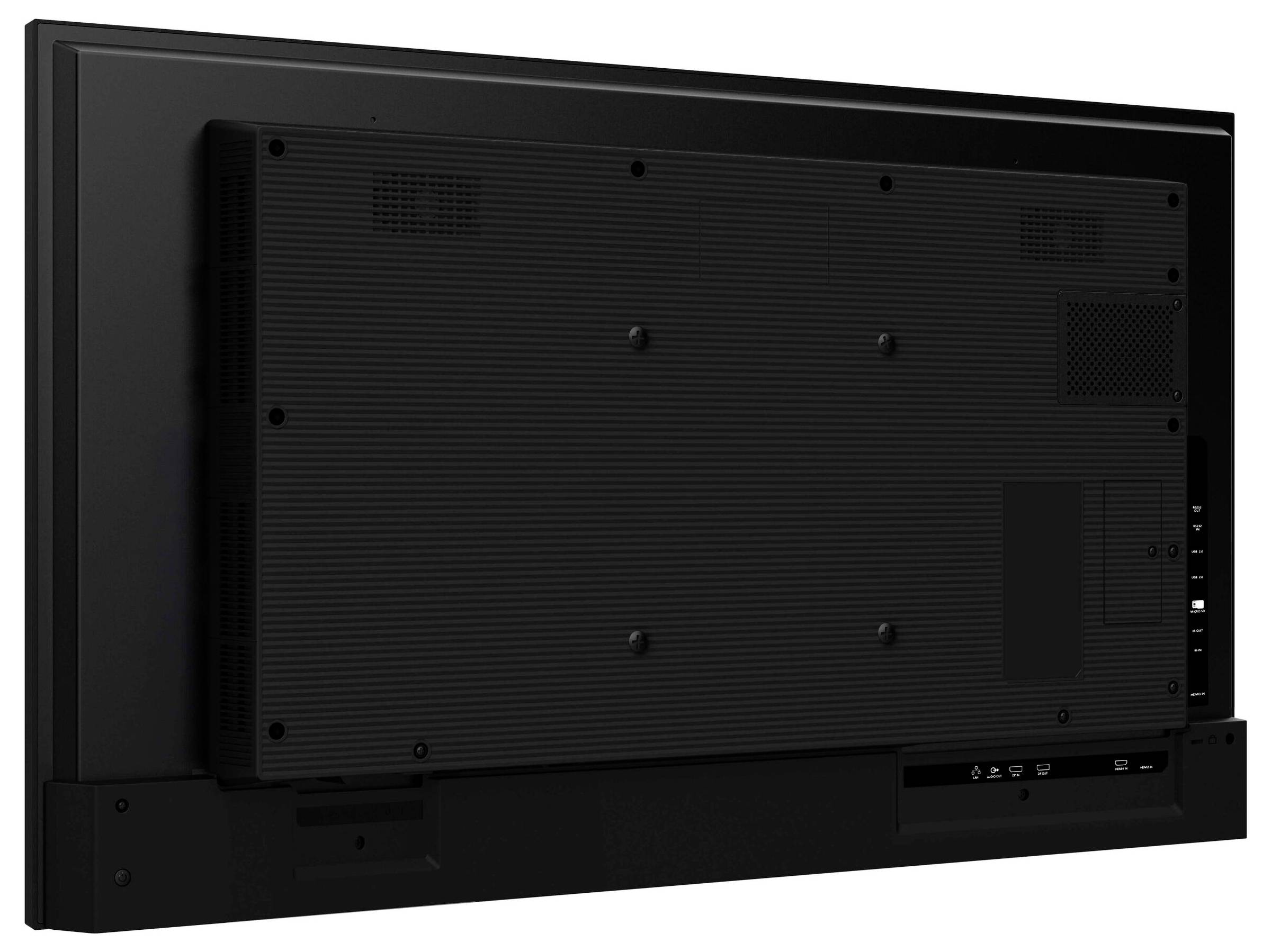 Rückansicht eines schwarzen Flachbildfernsehers, der verschiedene Anschlüsse und Verbindungen in der unteren rechten Seite zeigt.