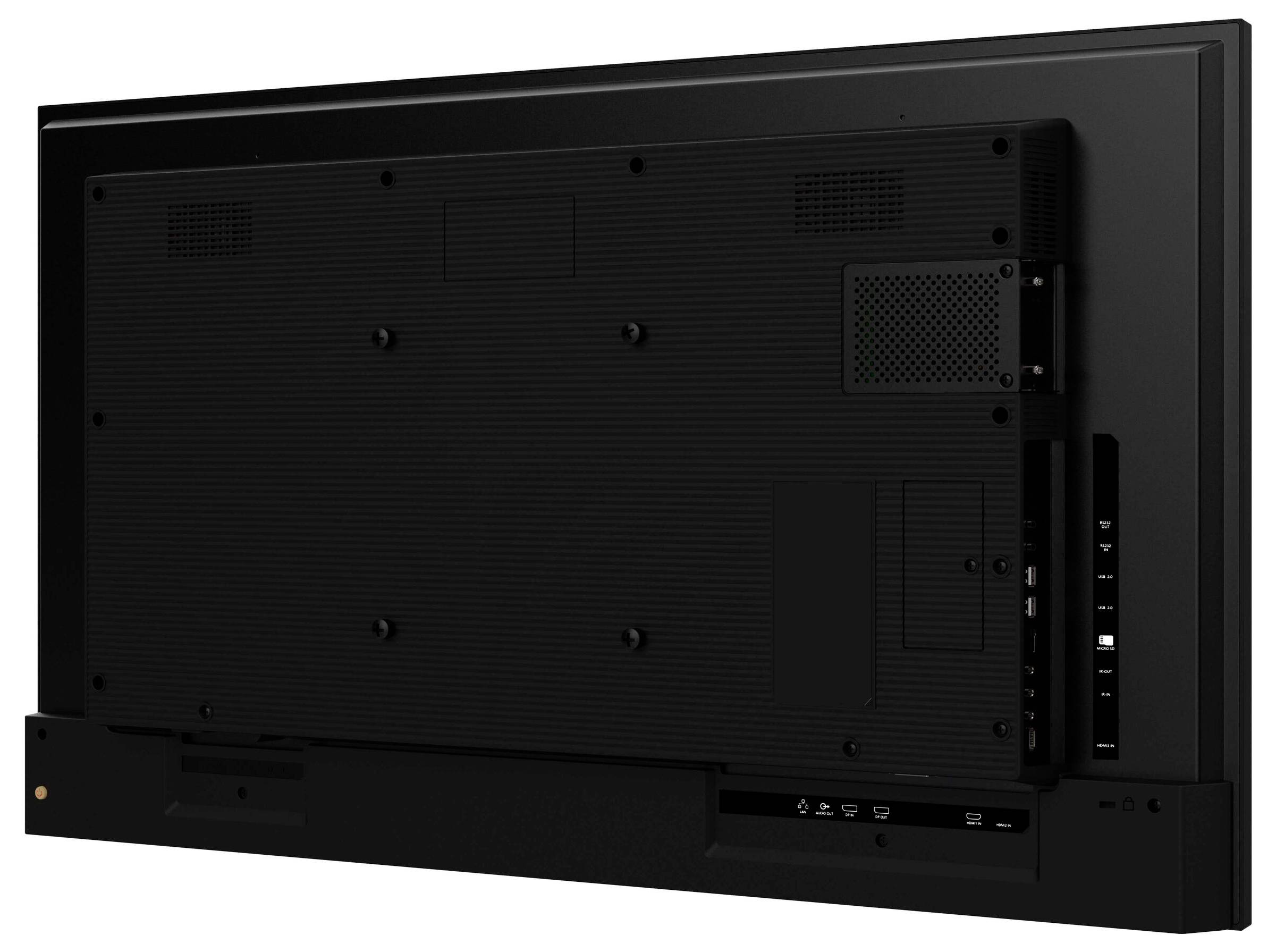 Rückansicht eines Flachbildfernsehers mit Eingabe-/Ausgabeanschlüssen, Lüftungsschlitzen und seitlichen Tasten für Einstellungen.