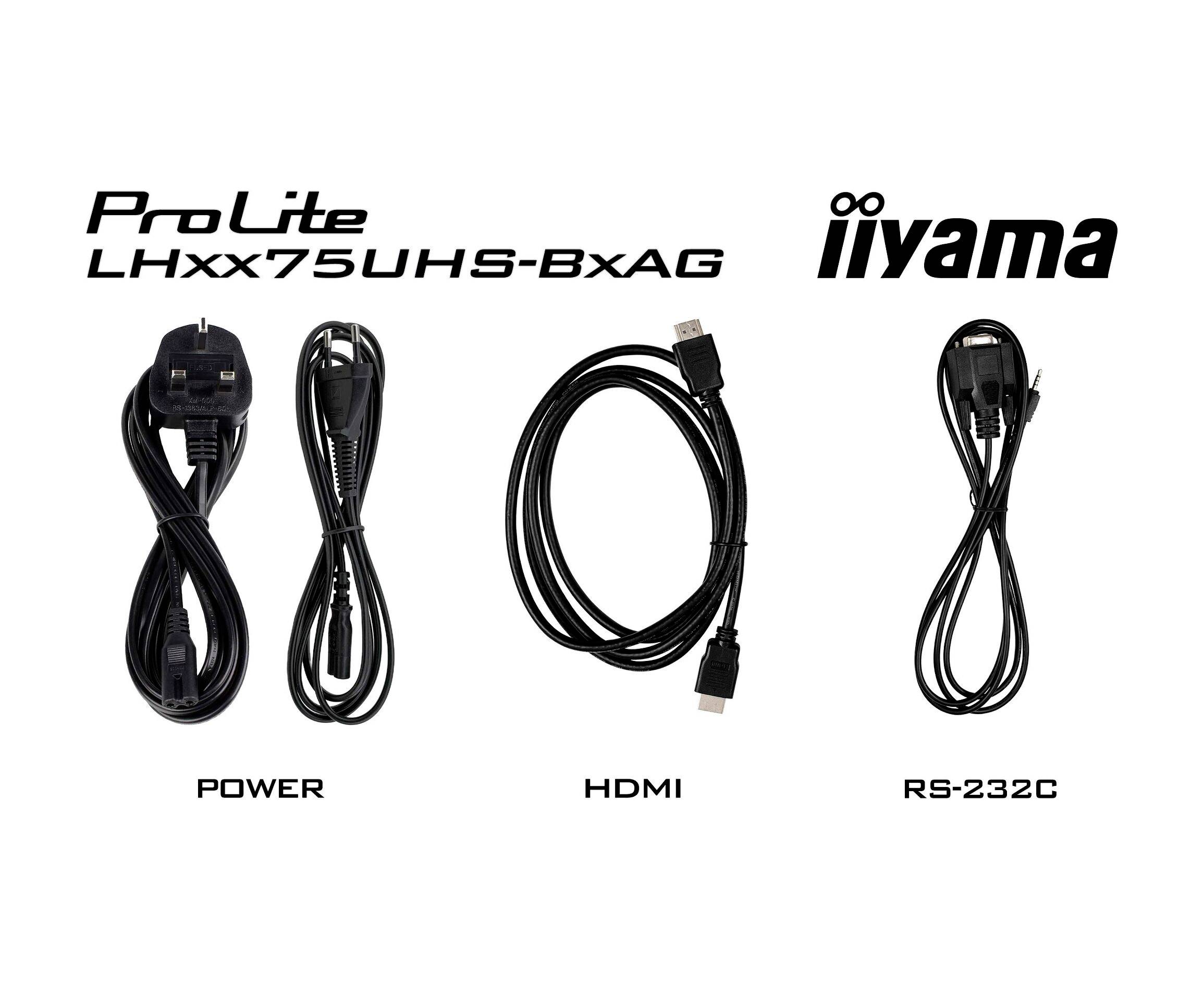 'ProLite LHxx75UHS-BxAG iiyama' Kabel: Netzkabel, HDMI-Kabel, RS-232C-Kabel, jeweils beschriftet und vertikal angeordnet.