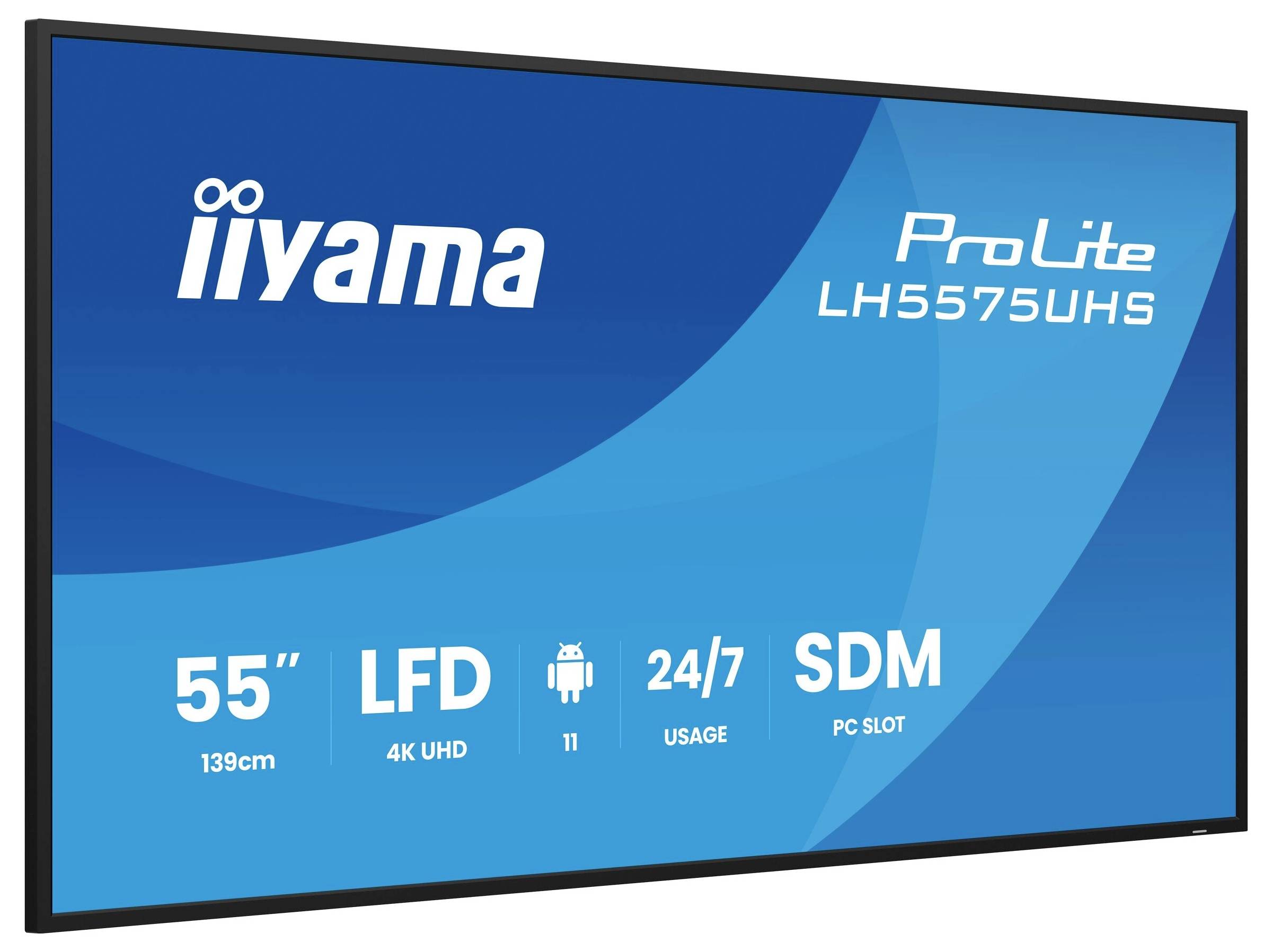 Ein blauer Bildschirm mit der Anzeige 'iiyama ProLite LH5575UHS' mit Spezifikationen: 55" (139cm), LFD, 4K UHD, Android 11, 24/7 Nutzung, SDM, PC-Steckplatz.