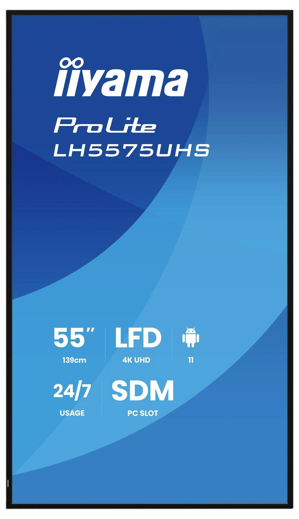 Digitale Displayscreen-Spezifikation: 'iiyama ProLite LH5575UHS', 55 Zoll, 4K UHD, 24/7 Nutzung, LFD, PC-Steckplatz.