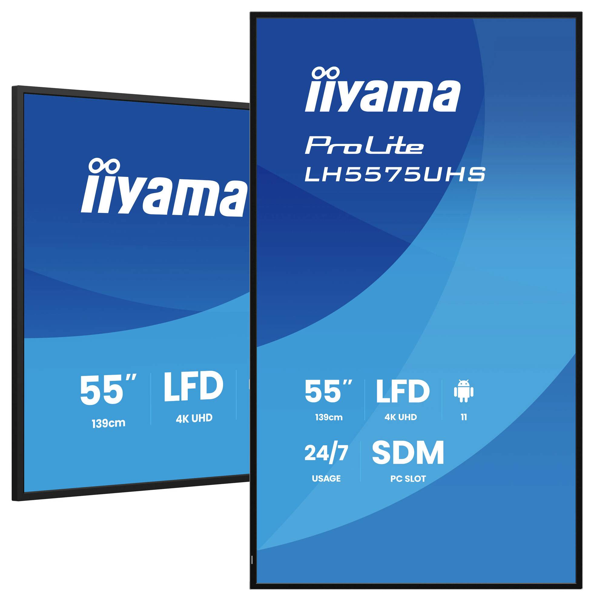 Zwei Monitore zeigen Produktspezifikationen: 'Iiyama ProLite LH5575UHS', '55 Zoll, 139 cm, LFD, 4K UHD, 24/7 Nutzung, SDM PC-Steckplatz, Android 11'.