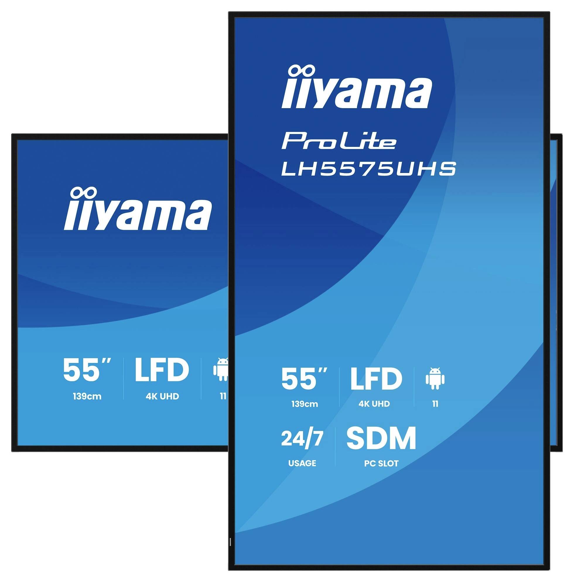 Digitale Display-Anzeige für iiyama ProLite LH5575UHS, ausgestattet mit zwei 55-Zoll-4K-UHD-Bildschirmen mit 24/7-Nutzung und SDM-PC-Slot-Kompatibilität.