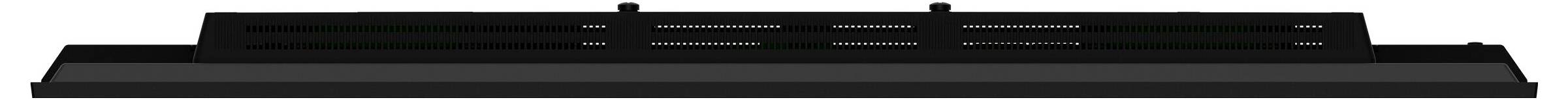 Eine schlanke, schwarze, rechteckige Soundbar mit minimalistischem Design, die eine zentrale Lochblende und zwei kleine Tasten an der Oberseite aufweist.
