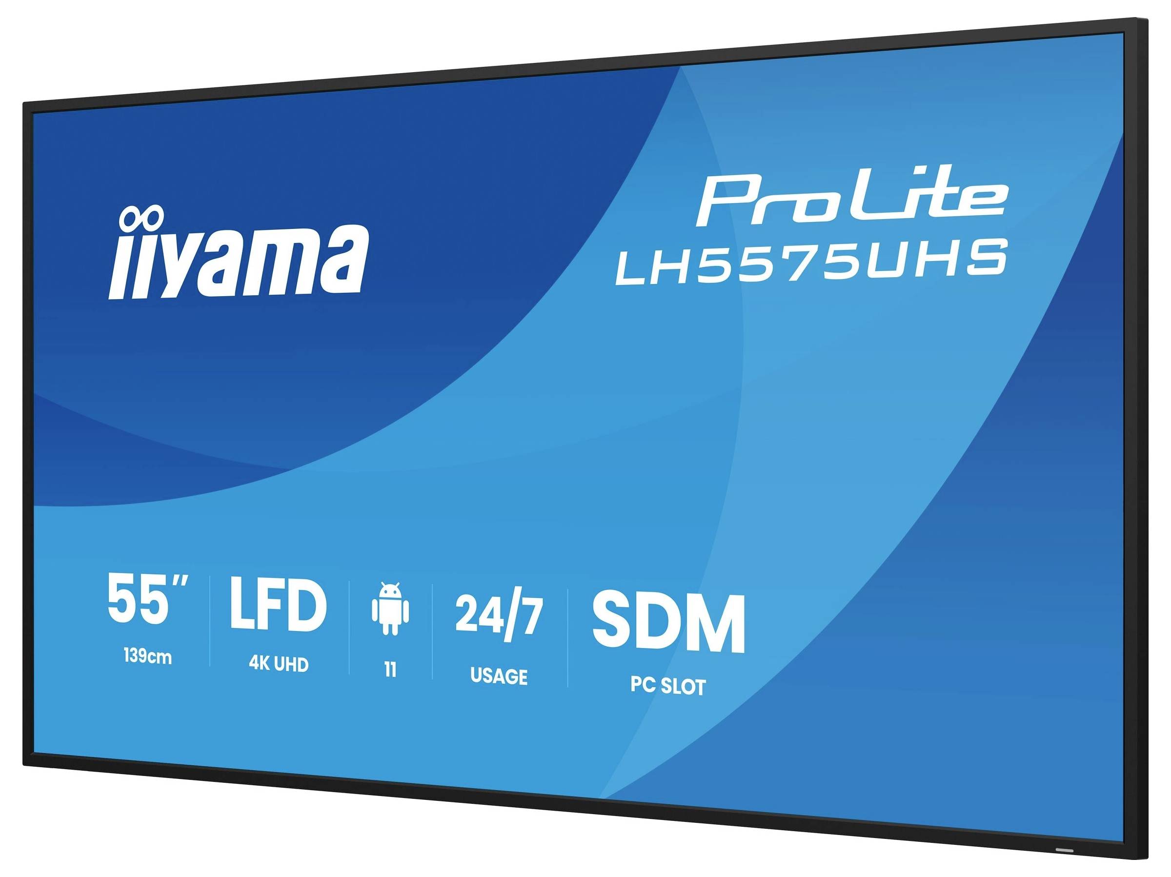 Ein großer Displaybildschirm mit der Markenbezeichnung 'iiyama ProLite LH5575UHS'. Merkmale: 55 Zoll, 4K UHD, Android 11, für 24/7-Nutzung entwickelt.