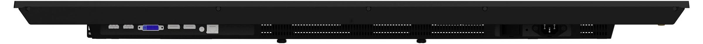 Das Bild zeigt die Rückseite eines schwarzen elektronischen Geräts mit verschiedenen Anschlüssen und Steckverbindern, darunter ein VGA-Anschluss, Lüftungsschlitze und ein Netzteilstecker.