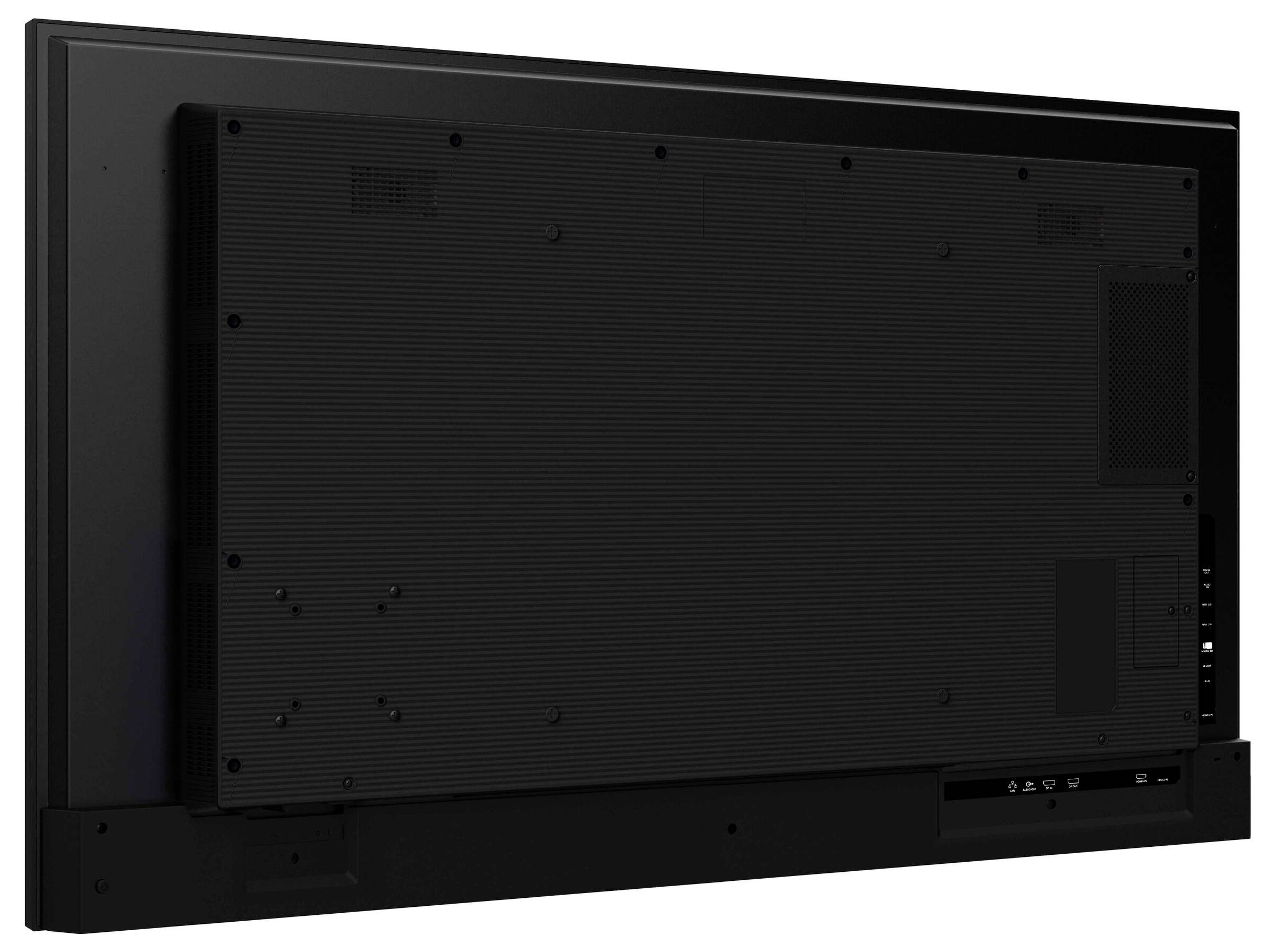 Rückansicht eines großen Flachbildschirms, der verschiedene Anschlüsse und Lüftungsschlitze zeigt, die Konnektivitätsmöglichkeiten und Kühlungsdesign andeuten.