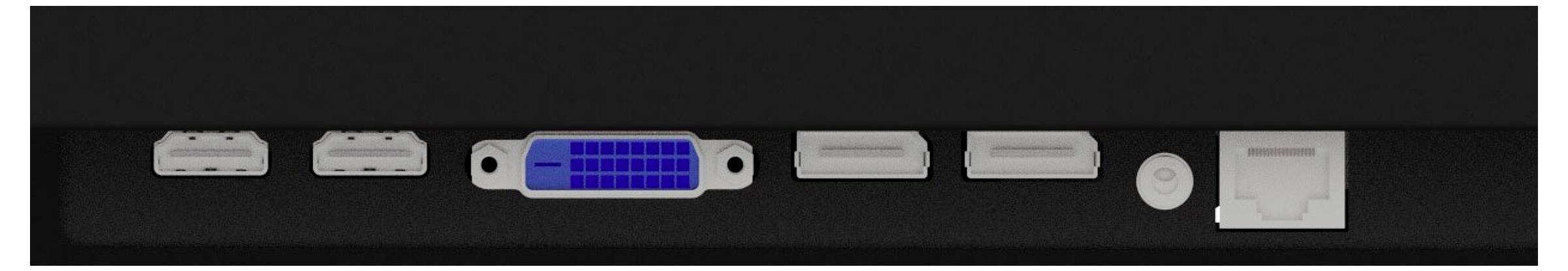 Eine Reihe von Computeranschlüssen, einschließlich zwei HDMI-Ports, einem VGA, einem USB, einem runden Stromport und einem Ethernet-Anschluss auf einer schwarzen Tafel.