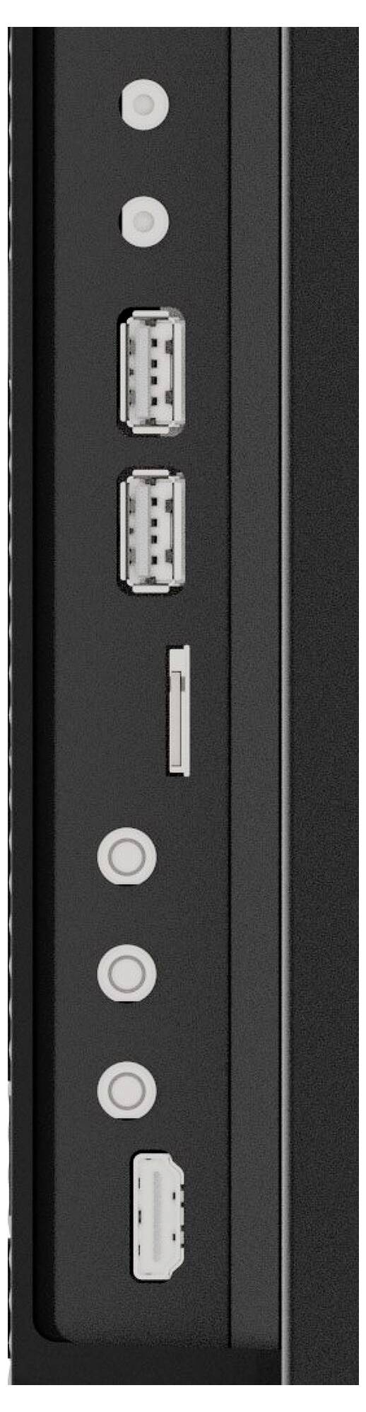 Eine vertikale Reihe von schwarzen Anschlüssen und Ports an einem elektronischen Gerät, einschließlich USB, HDMI und Audioausgängen, symmetrisch angeordnet.