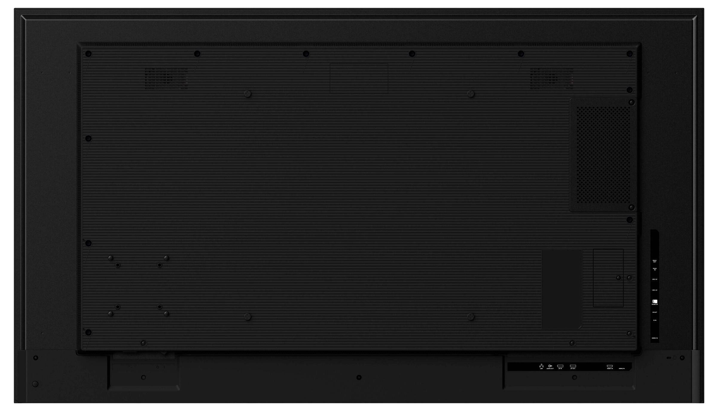 Das Bild zeigt die Rückansicht eines Flachbildfernsehers mit verschiedenen Eingangsbuchsen und Befestigungspunkten.
