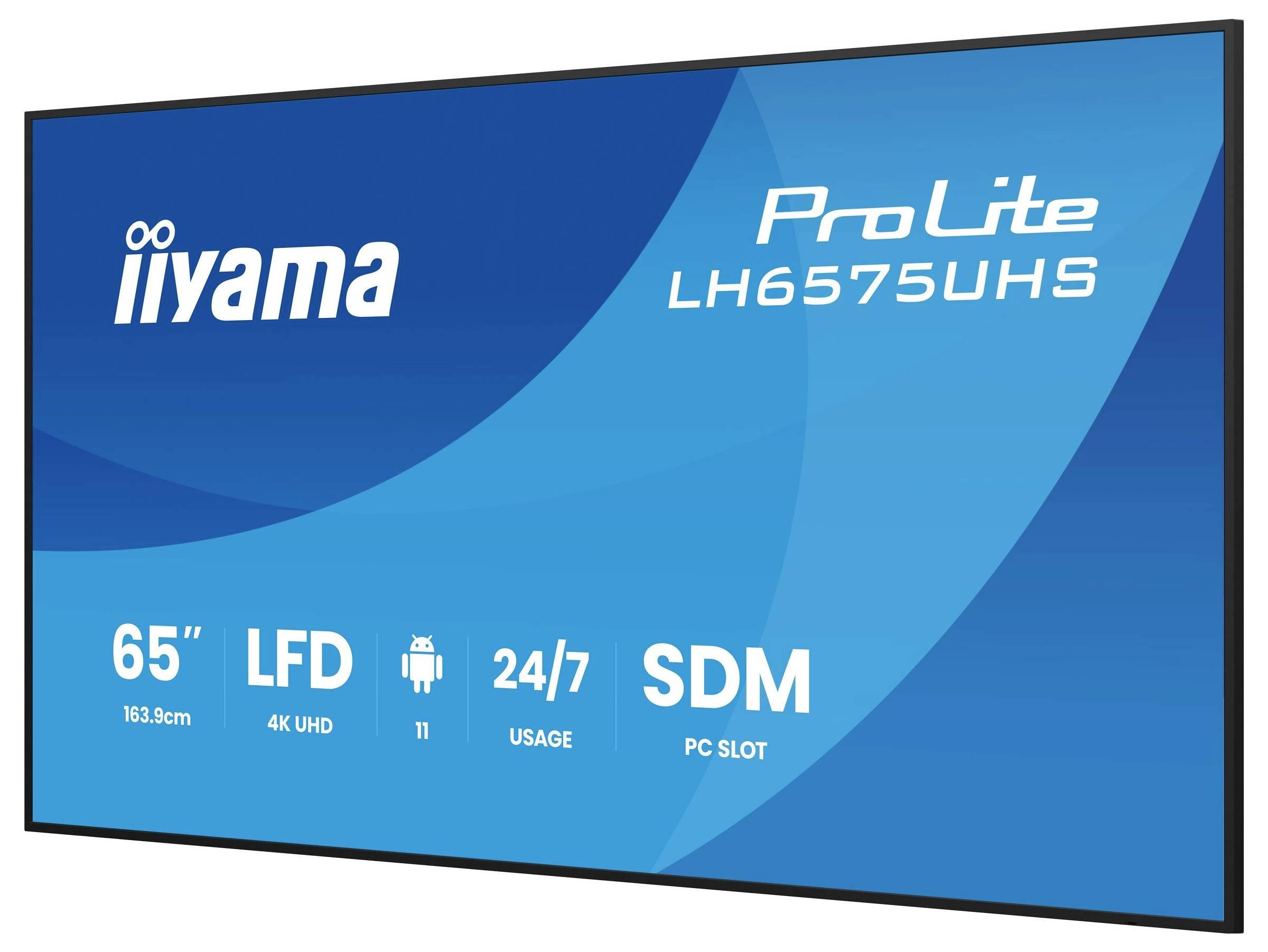 Digitales Display-Bildschirm mit 'iiyama ProLite LH6575UHS', 65-Zoll-Größe, 4K UHD, Android, 24/7-Nutzung, mit SDM-PC-Steckplatz.