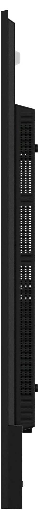 Seitenansicht eines schwarzen, flachen elektronischen Geräts mit Lüftungsschlitzen, wahrscheinlich ein Monitor oder Fernseher, der ein schlankes und dünnes Design zeigt.