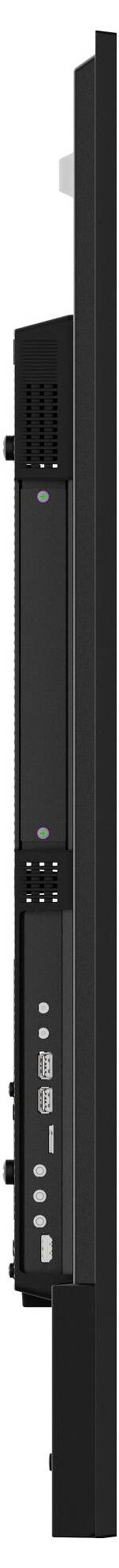 Seitenansicht eines hohen, schwarzen, rechteckigen elektronischen Geräts mit sichtbaren Anschlüssen und Bedienelementen.