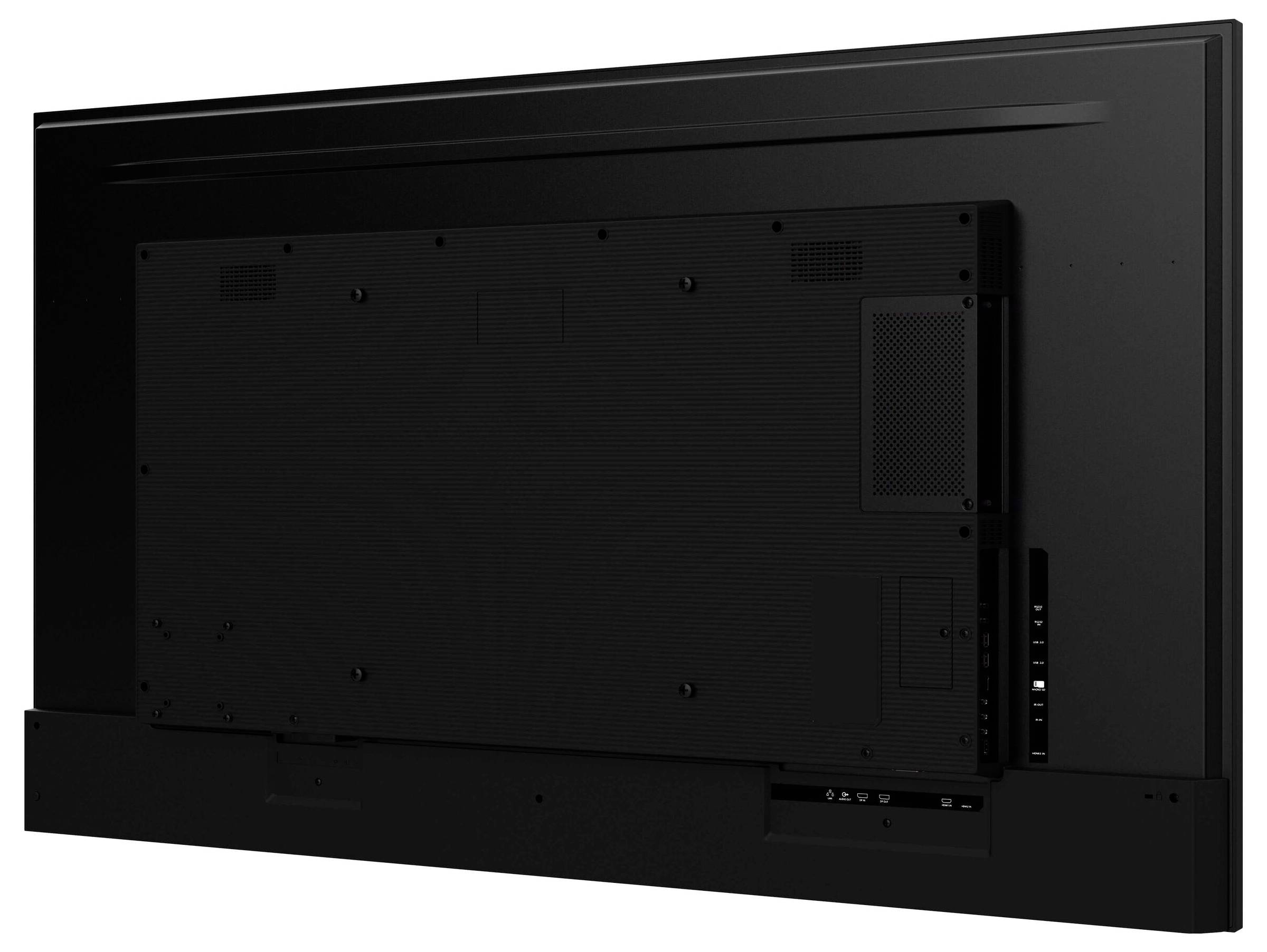 Ein großer, flacher Bildschirm-Fernseher, von hinten betrachtet, mit verschiedenen Anschlüssen und einem schwarzen Gehäuse.