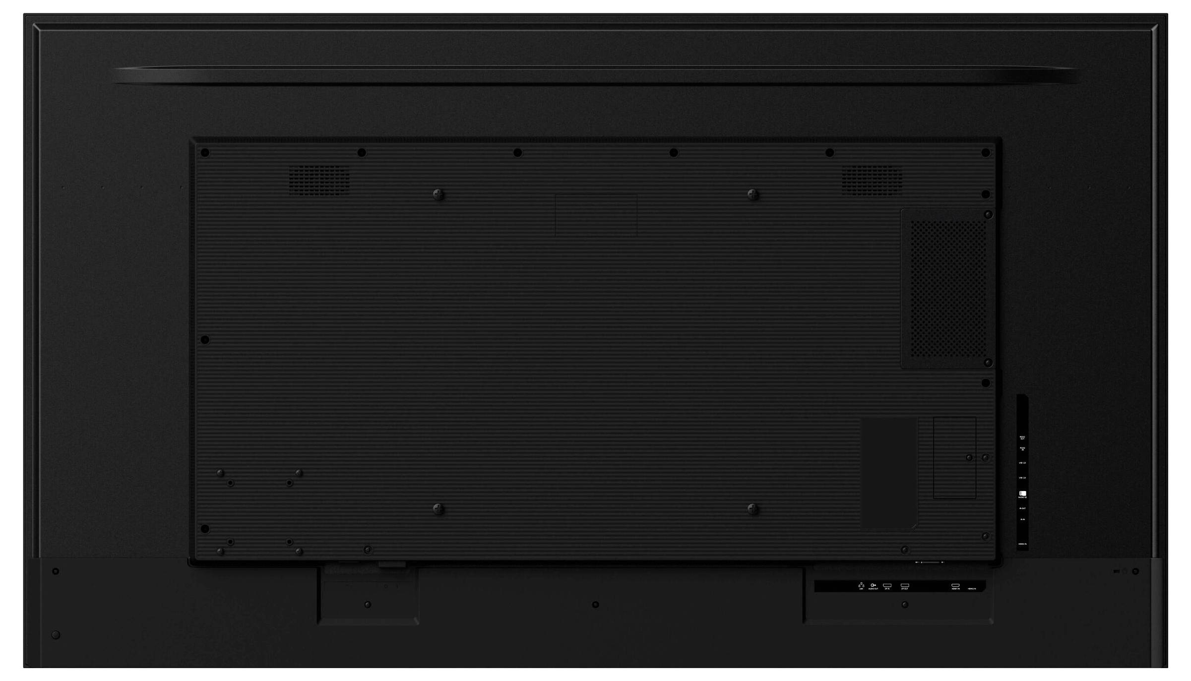 Rückansicht eines Flachbildfernsehers, der das Rückenpanel mit Lüftungsschlitzen, Befestigungslöchern und Eingangs-/Ausgangsbuchsen auf der rechten Seite zeigt.