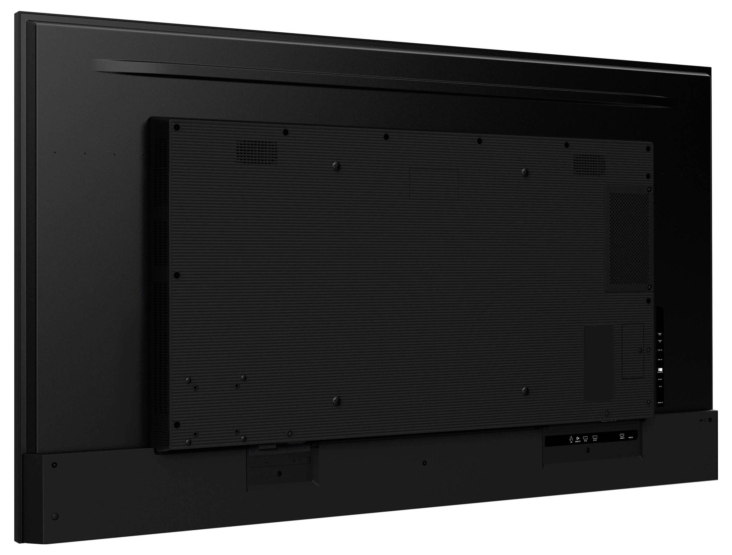 Rückansicht eines großen, rechteckigen Flachbildfernsehers, der verschiedene Anschlüsse an der Seite und Befestigungsmöglichkeiten zeigt.