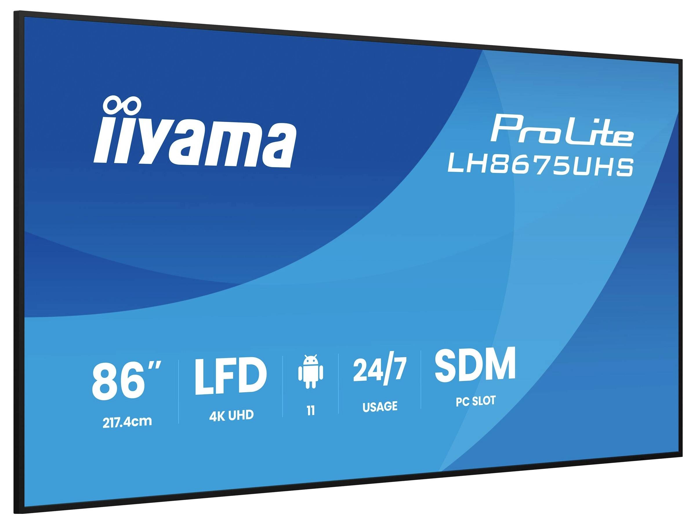 Großer Displaybildschirm mit der Bezeichnung 'iiyama ProLite LH8675UHS'. Eigenschaften: 86 Zoll, 4K UHD, Android 11, 24/7 Nutzung, SDM PC-Steckplatz.