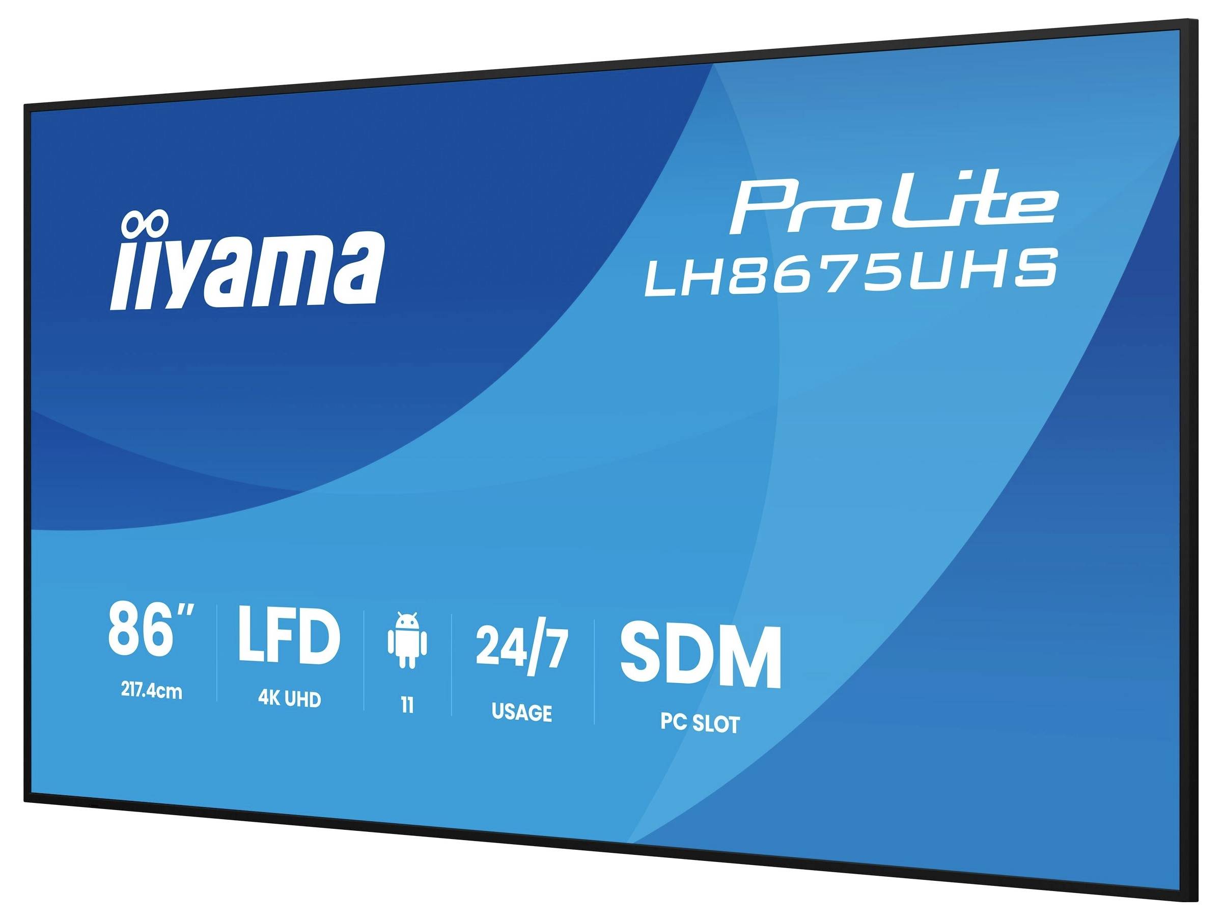 Eine blaue digitale Anzeige mit dem Modell 'iiyama ProLite LH8675UHS' präsentiert Schlüsselmerkmale: 86-Zoll-Bildschirm, 4K UHD, Android 11, 24/7-Nutzung, SDM-PC-Steckplatz.